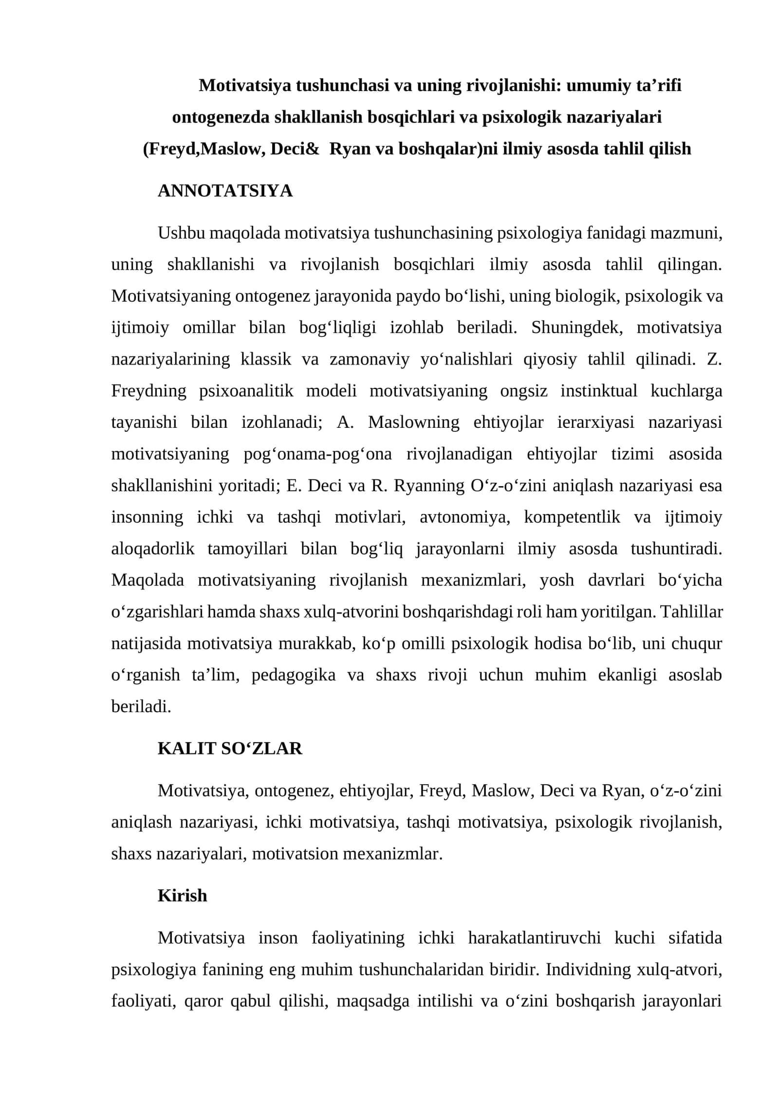 Motivatsiya tushunchasi va uning rivojlanishi: umumiy taʼrifi ontogenezda shakllanish bosqichlari va psixologik nazariyalari 1