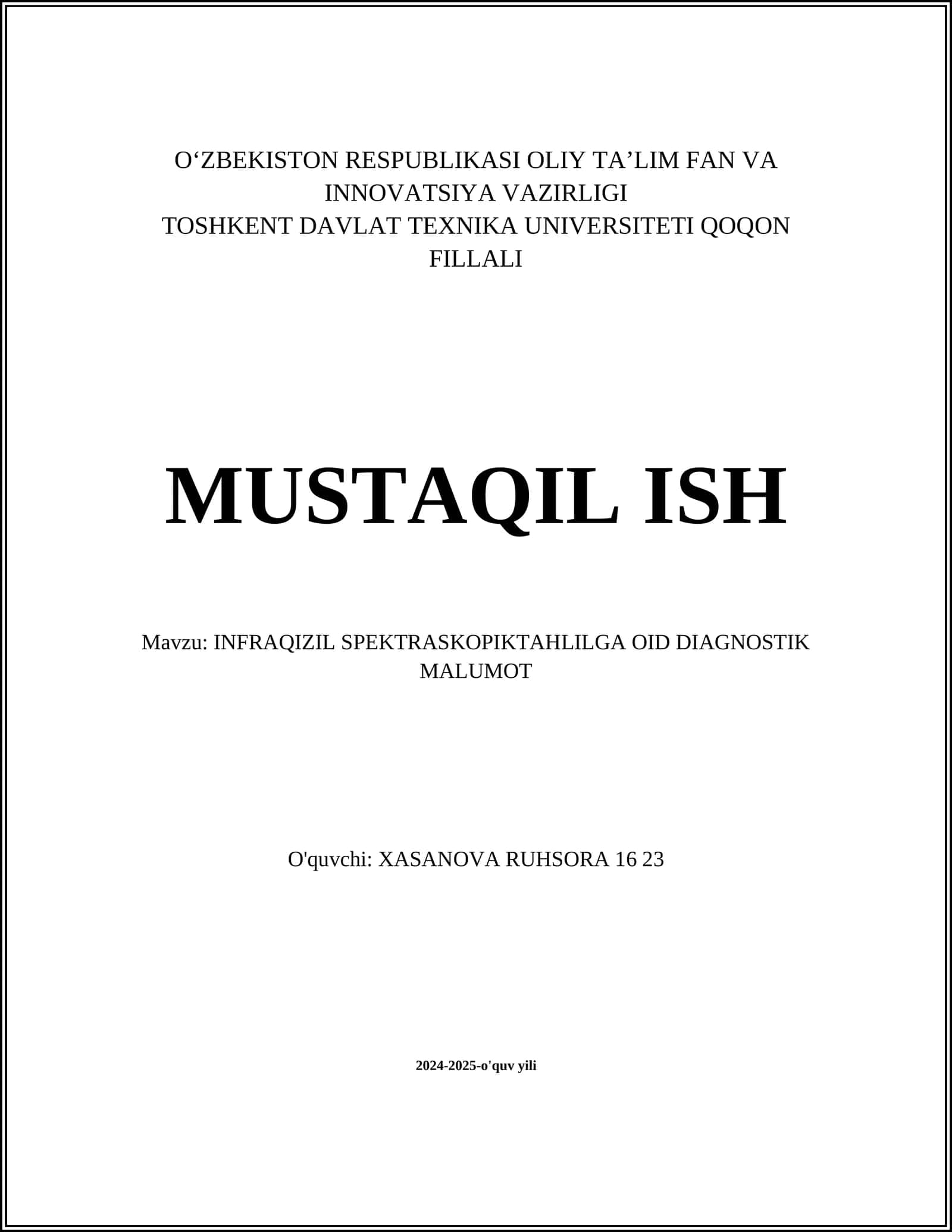 INFRAQIZIL SPEKTRASKOPIKTAHLILGA OID DIAGNOSTIK MALUMOT 1