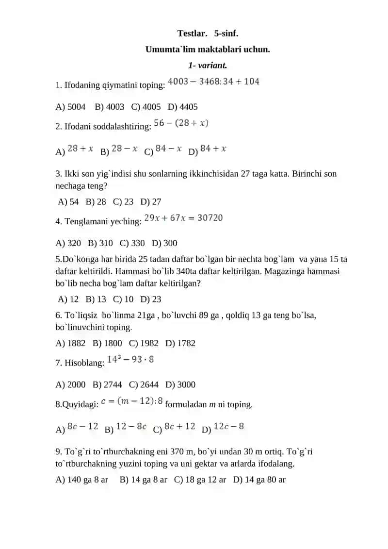 5-6-7-8-sinf MATEMATIKA TESTLAR to’plami