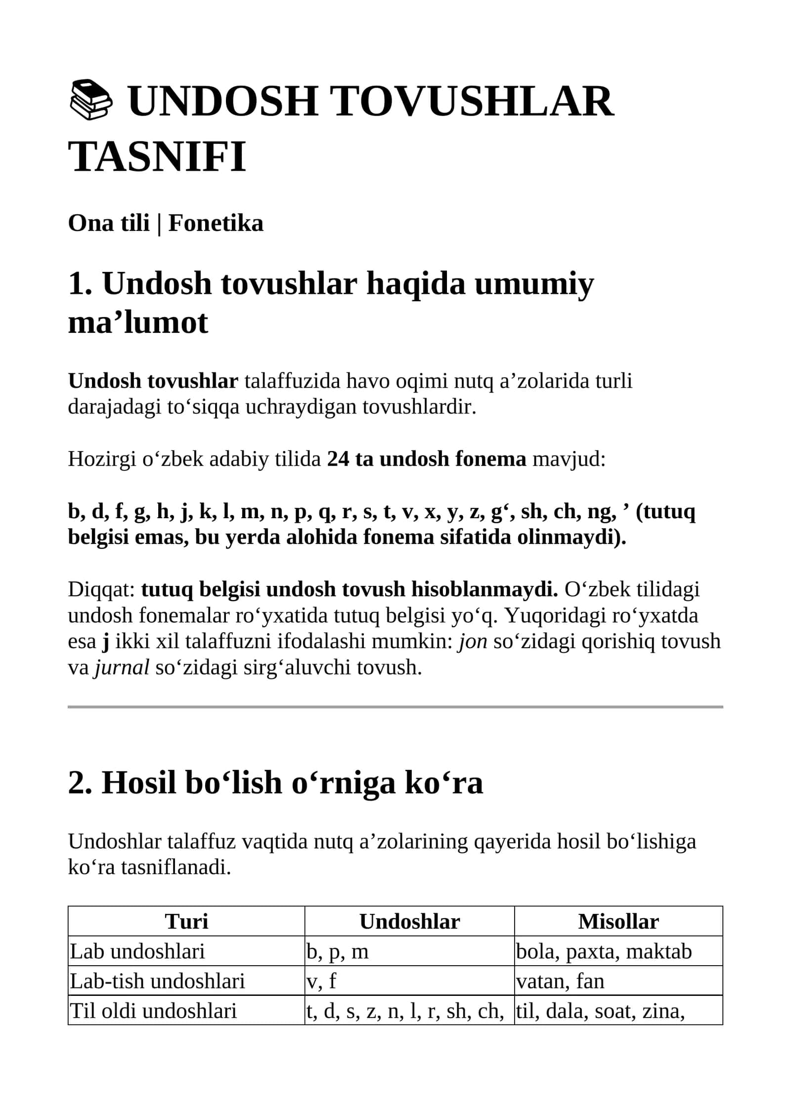 Undosh tovushlar - Ona tili 1