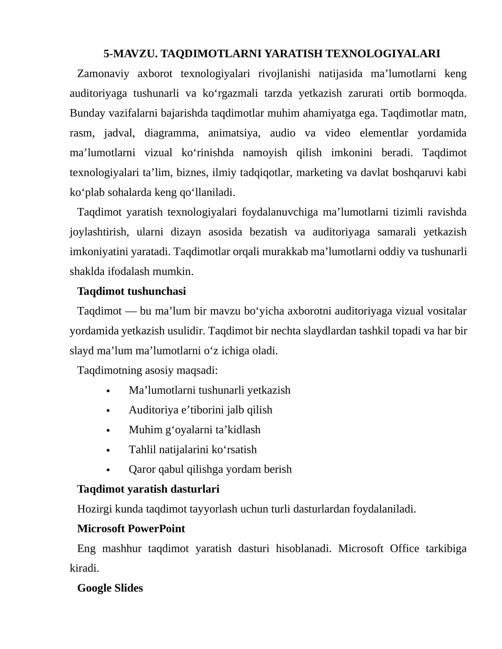 Taqdimotlarni Yaratish Texnologiyalari 1
