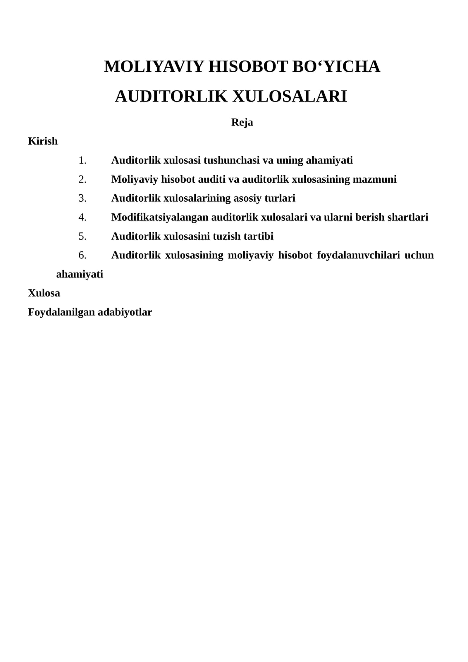 MOLIYAVIY HISOBOT BO‘YICHA AUDITORLIK XULOSALARI 1