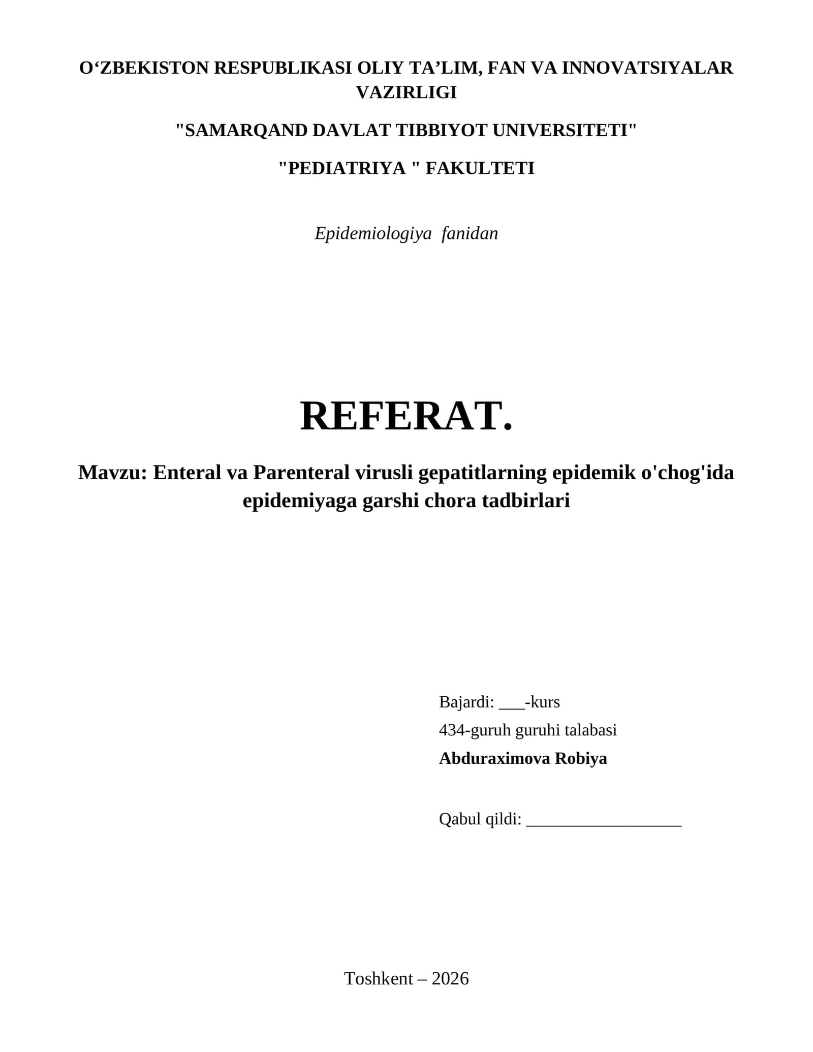 Enteral va Parenteral virusli gepatitlarning epidemik o'chog'ida epidemiyaga garshi chora tadbirlari 1