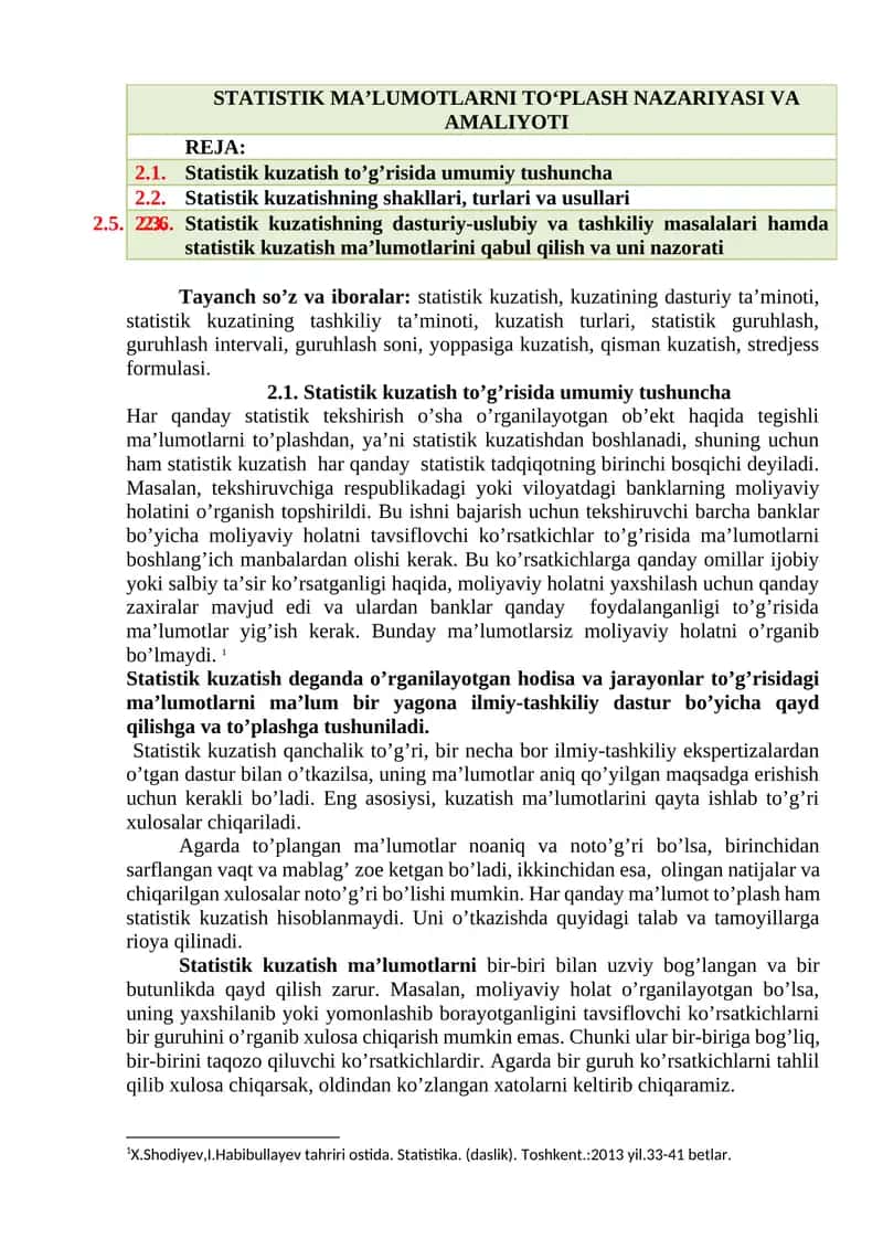 STATISTIK MA’LUMOTLARNI TO‘PLASH NAZARIYASI VA AMALIYOTI 1
