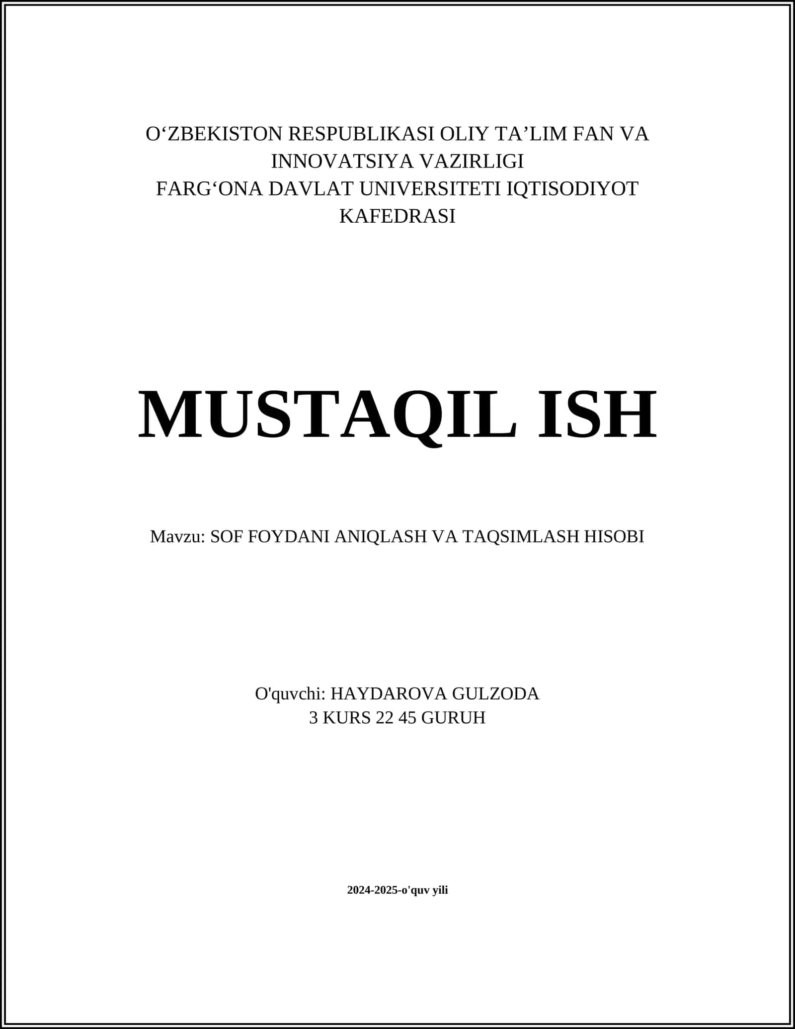 SOF FOYDANI ANIQLASH VA TAQSIMLASH HISOBI 1