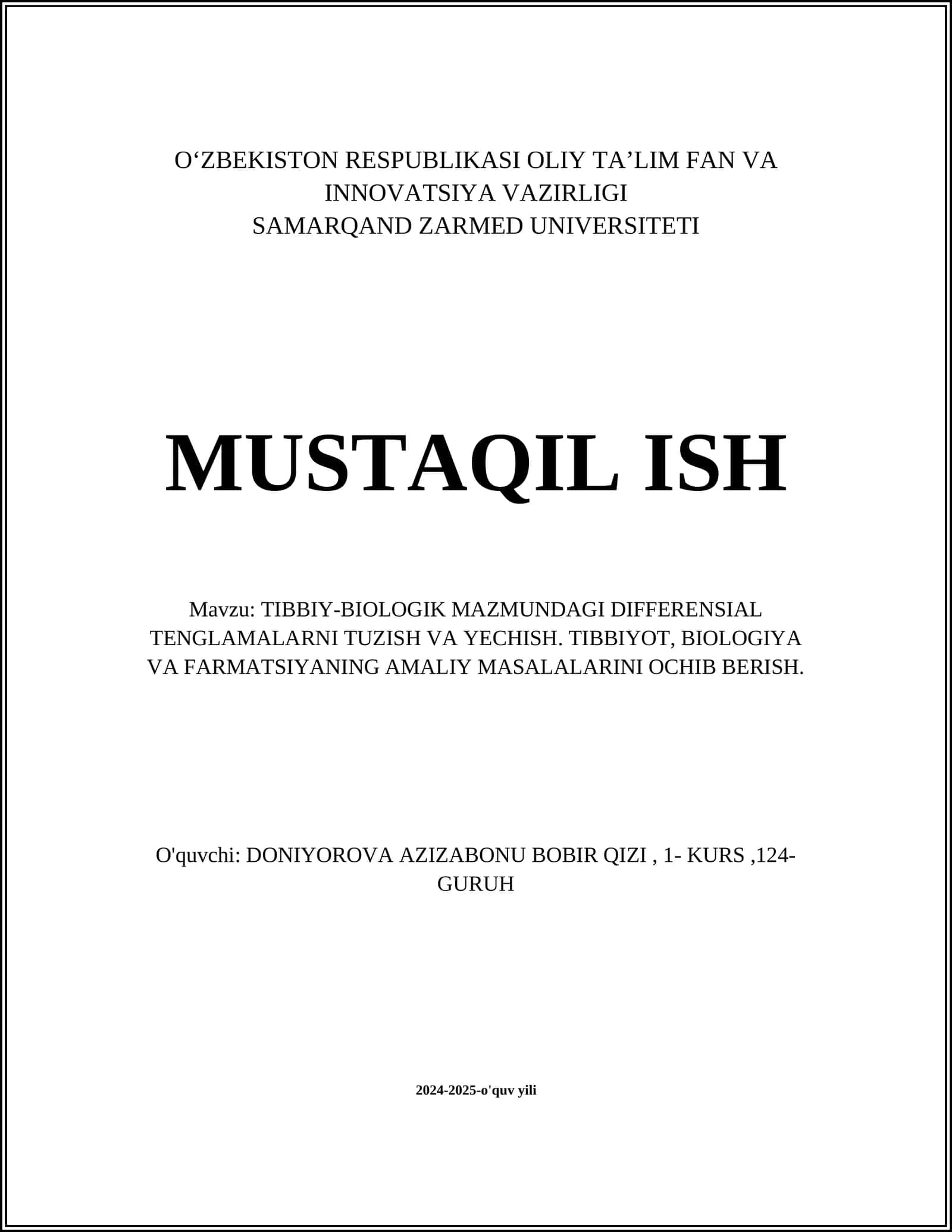 TIBBIY-BIOLOGIK MAZMUNDAGI DIFFERENSIAL TENGLAMALARNI TUZISH VA YECHISH 1
