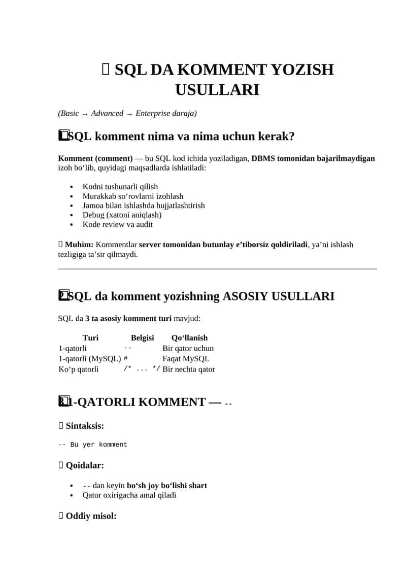 SQL DA KOMMENT YOZISH USULLARI 1