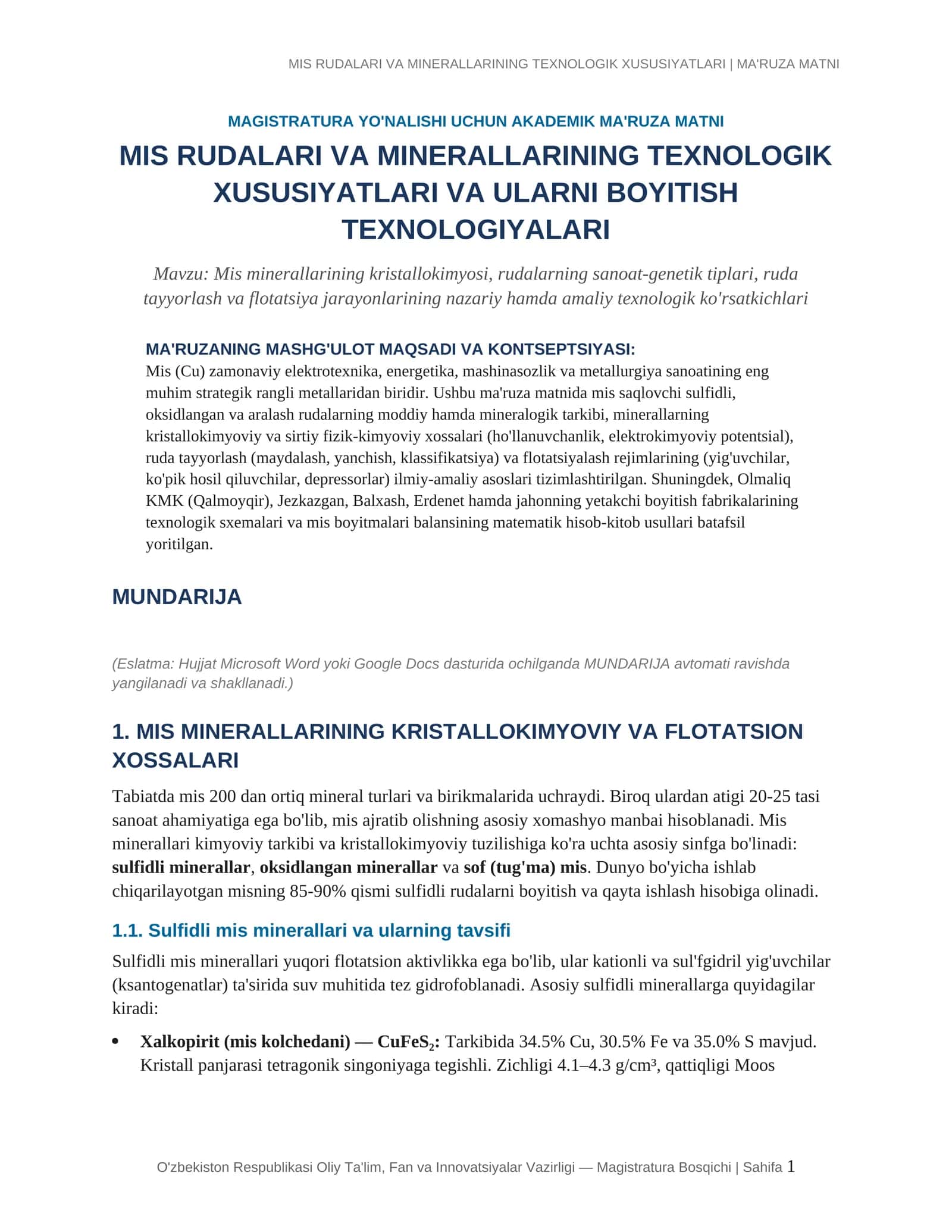 MIS RUDALARI VA MINERALLARINING TEXNOLOGIK XUSUSIYATLARI | MA'RUZA MATNI 1