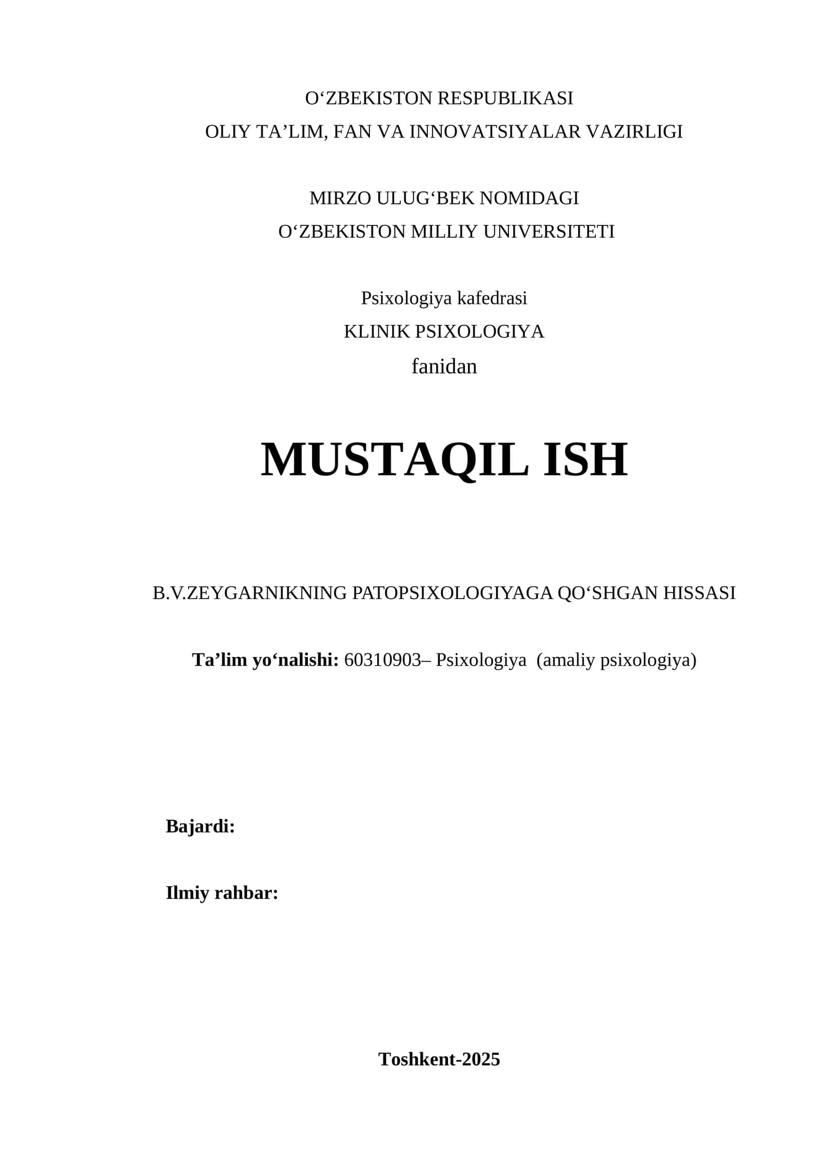 KLINIK PSIXOLOGIYA fanidan MUSTAQIL ISH 1