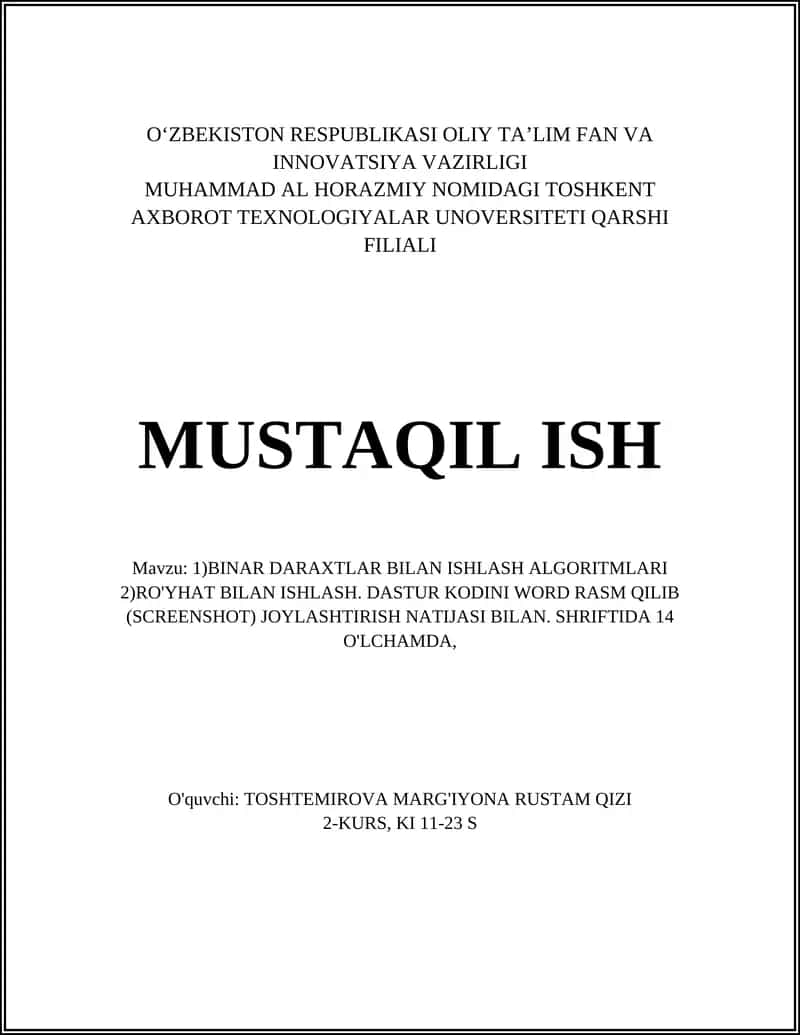 BINAR DARAXTLAR BILAN ISHLASH ALGORITMLARI 1