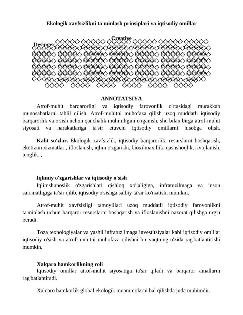 Ekologik xavfsizlikni ta'minlash prinsiplari va iqtisodiy omillar 1