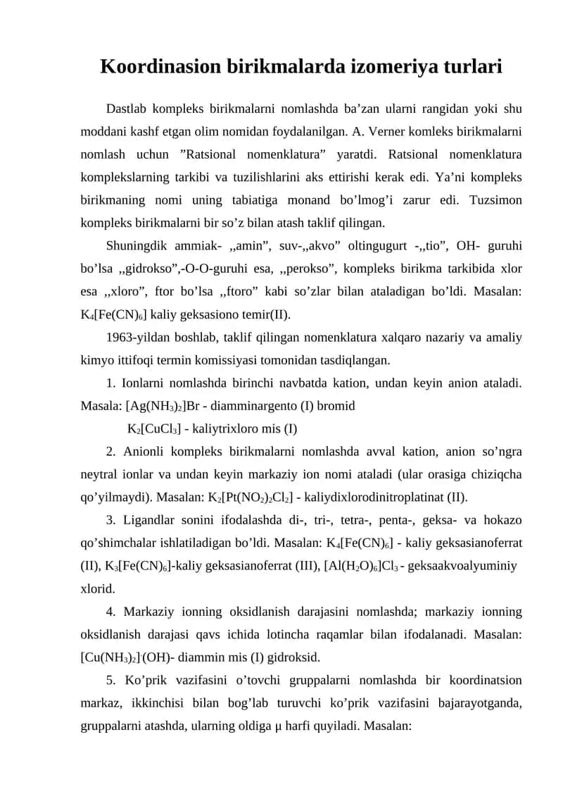 Koordinasion birikmalarda izomeriya turlari 1