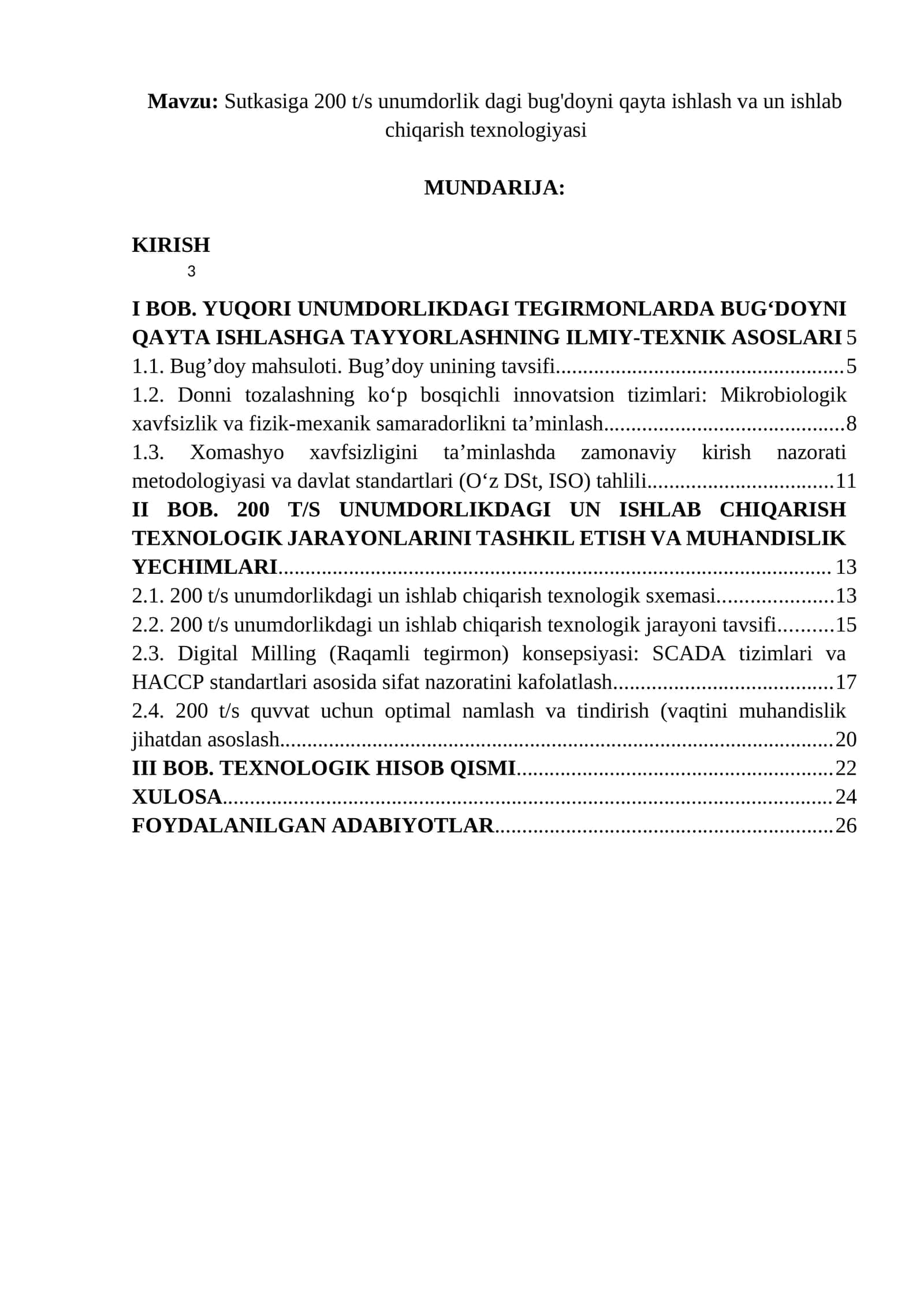 Sutkasiga 200 t/s unumdorlik dagi bug'doyni qayta ishlash va un ishlab chiqarish texnologiyasi 1