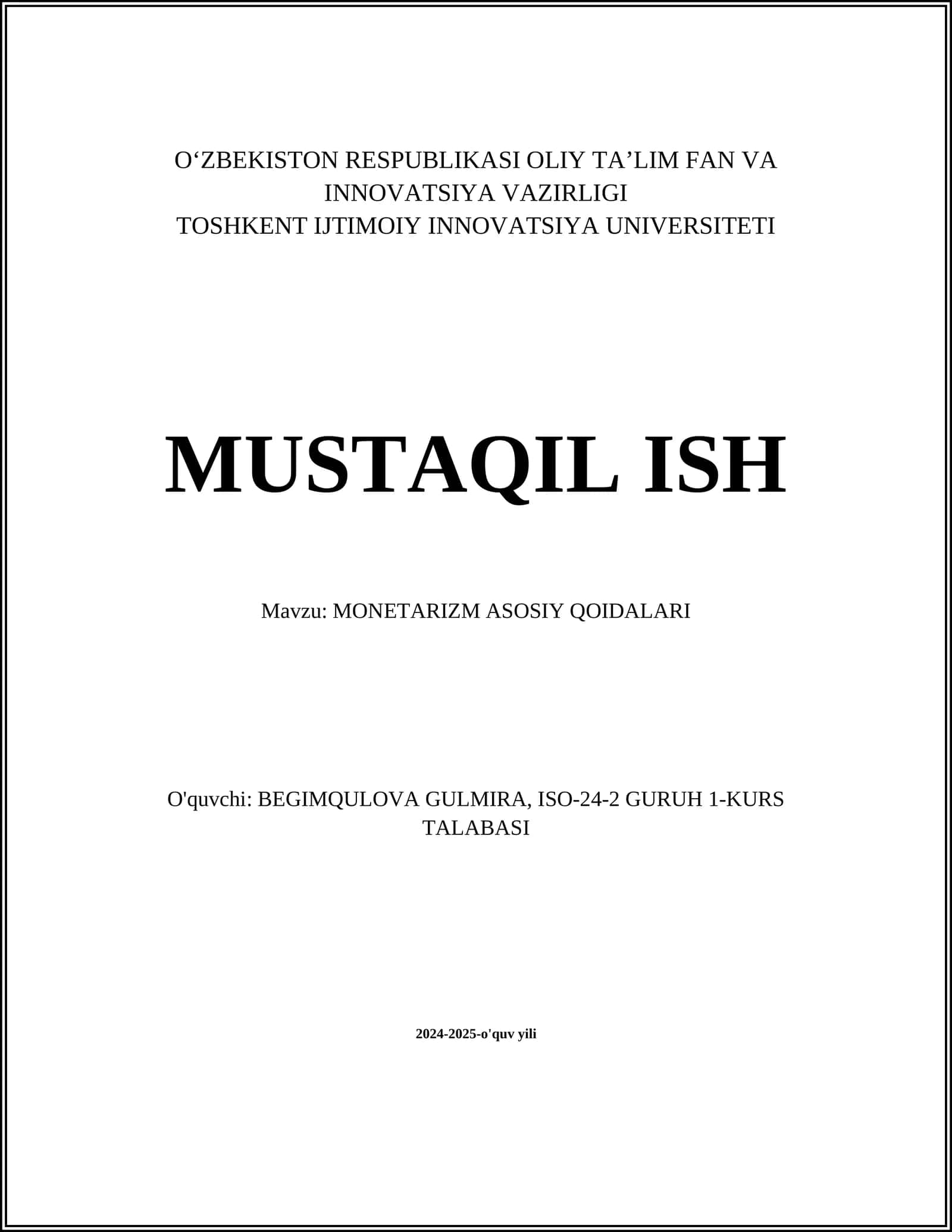 MONETARIZM ASOSIY QOIDALARI 1