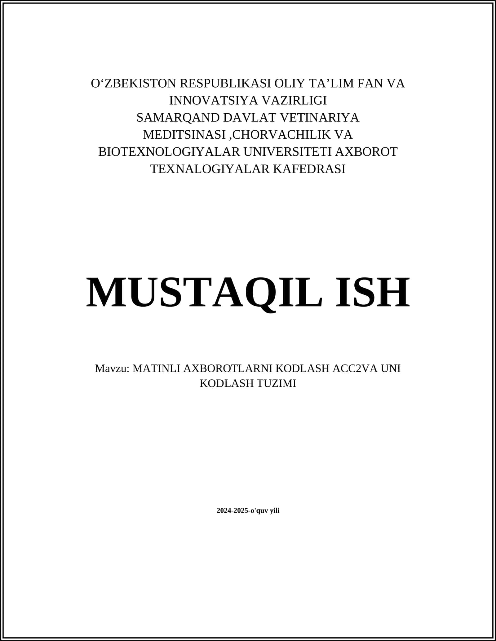 MATINLI AXBOROTLARNI KODLASH ACC2VA UNI KODLASH TUZIMI 1