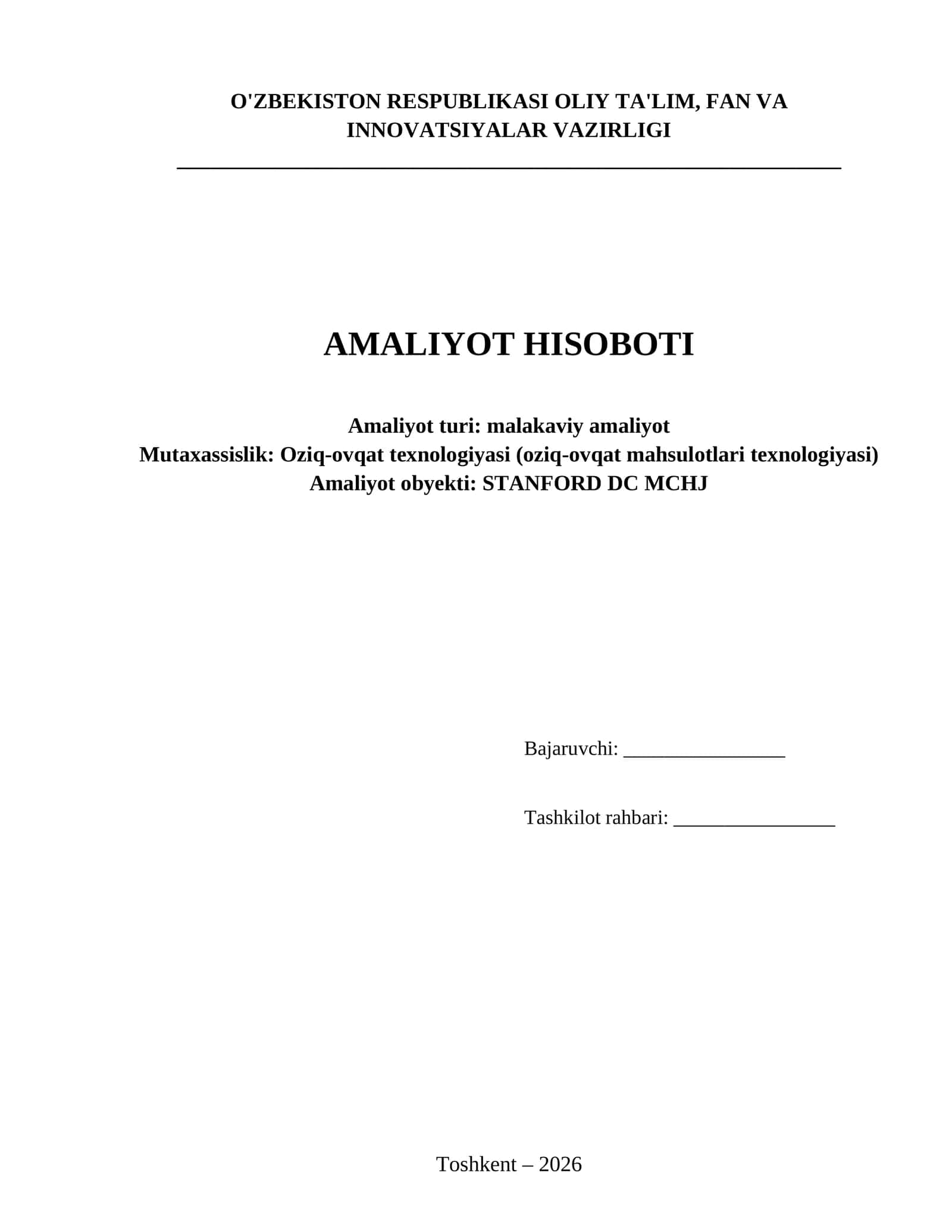 Shu mundarija asosida amaliyot hisoboti tayyorlab ber 1