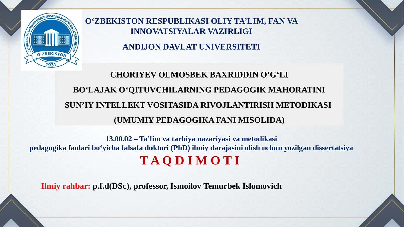 BO‘LAJAK O‘QITUVCHILARNING PEDAGOGIK MAHORATINI SUN’IY INTELLEKT VOSITASIDA RIVOJLANTIRISH METODIKASI 1