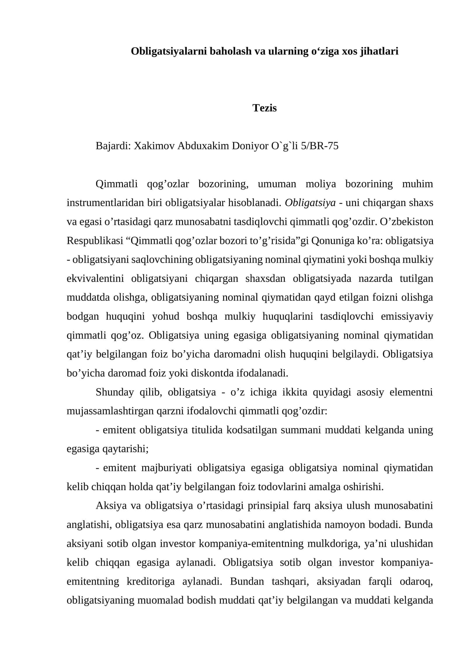 Obligatsiyalarni baholash 1