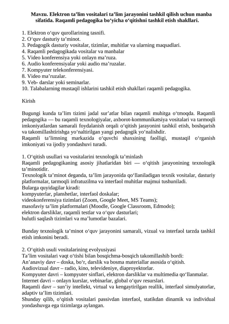 Elektron ta’lim vositalari ta’lim jarayonini tashkil qilish uchun 1