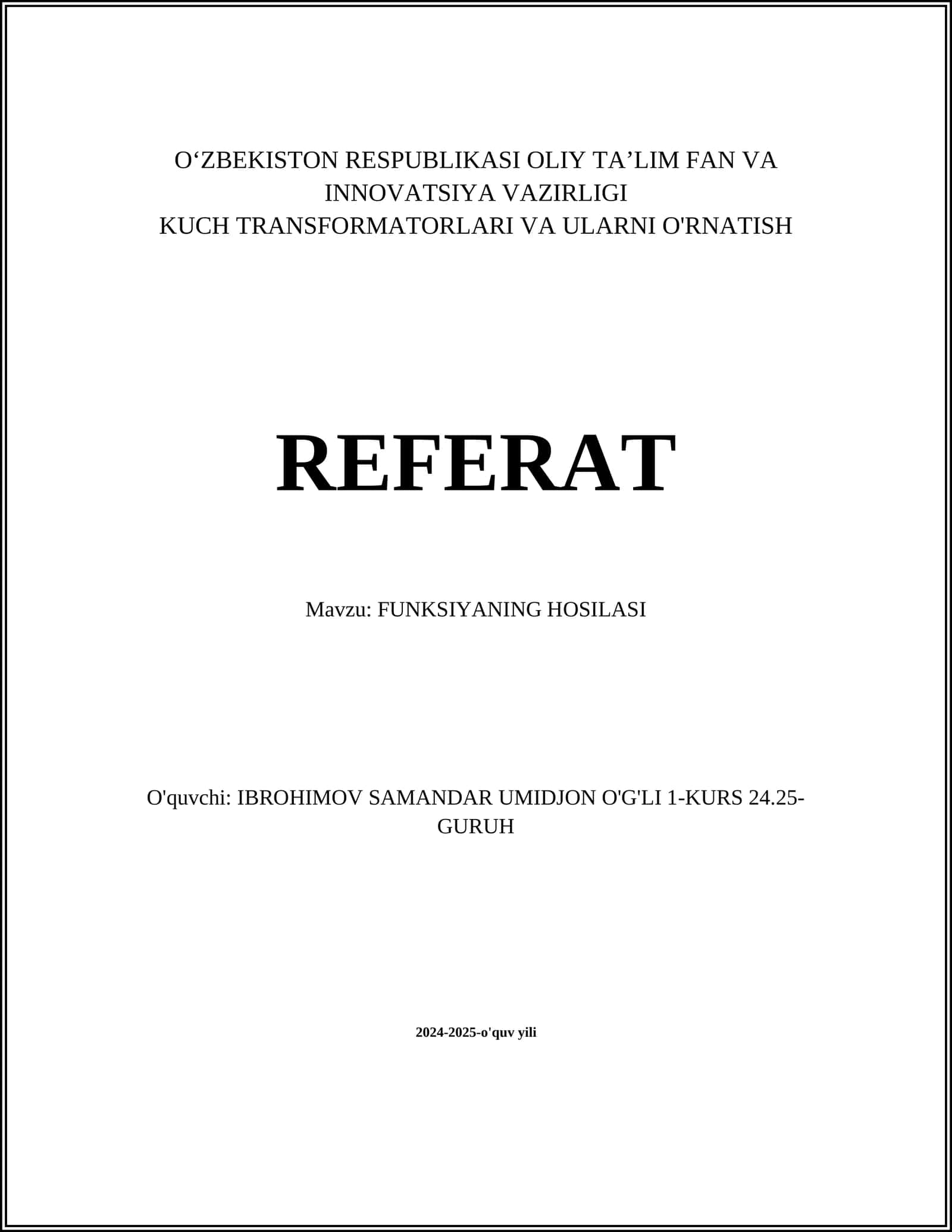 KUCH TRANSFORMATORLARI VA ULARNI O'RNATISH REFERAT 1