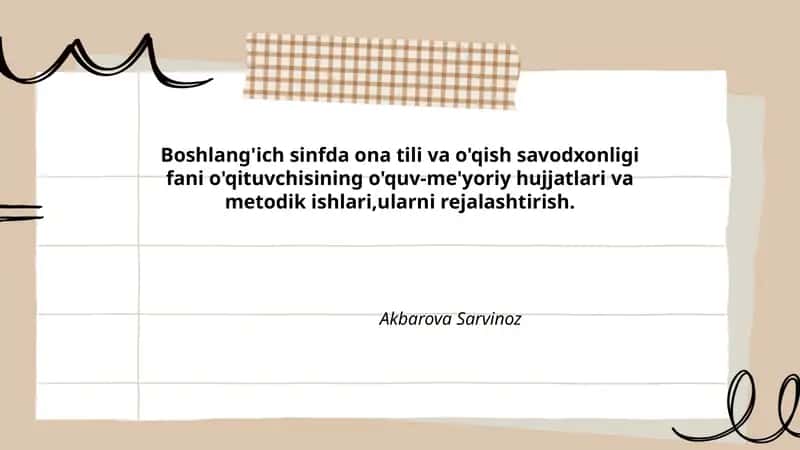 Boshlang'ich sinfda ona tili va o'qish savodxonligi fani o'qituvchisining o'quv-me'yoriy hujjatlari va metodik ishlari 1