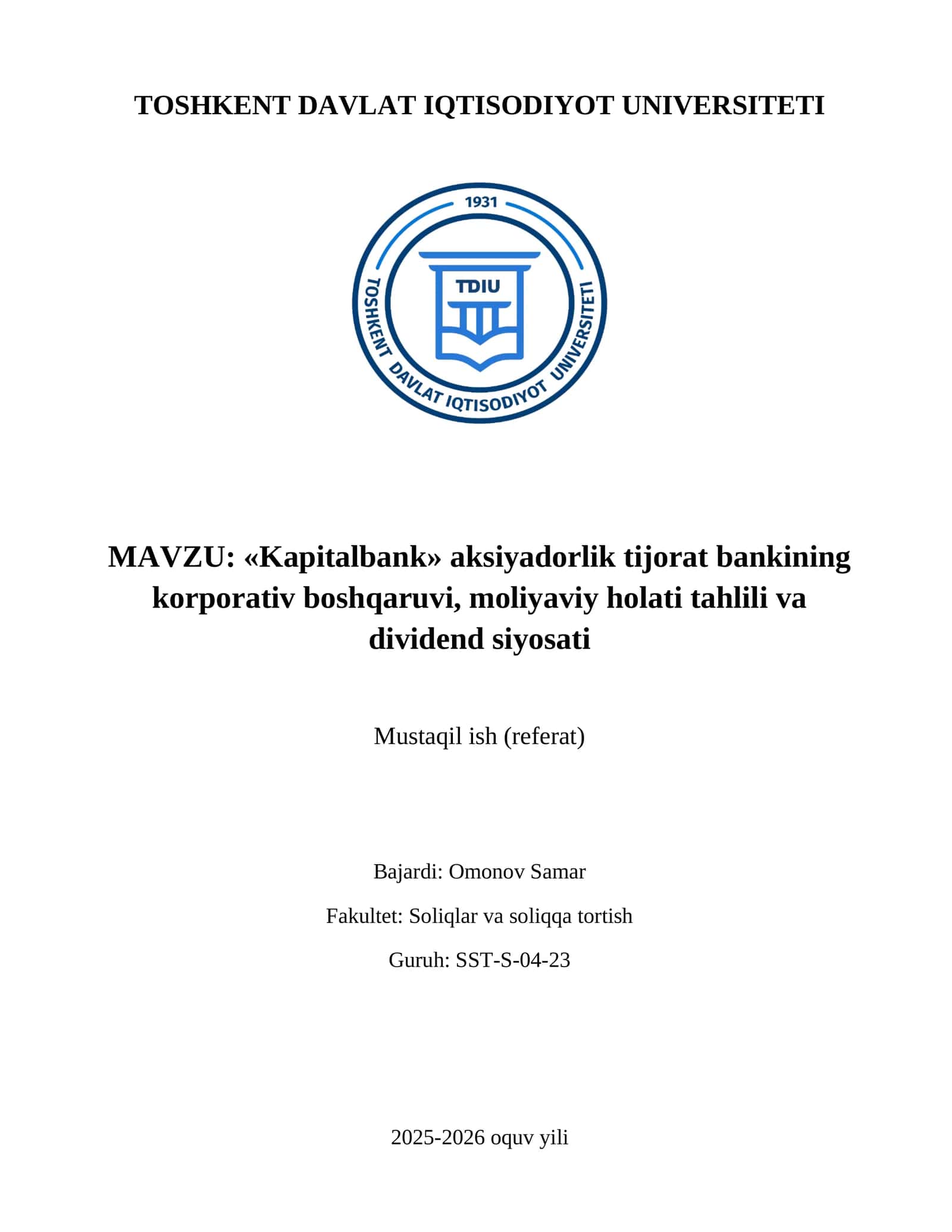 «Kapitalbank» aksiyadorlik tijorat bankining korporativ boshqaruvi, moliyaviy holati tahlili va dividend siyosati 1