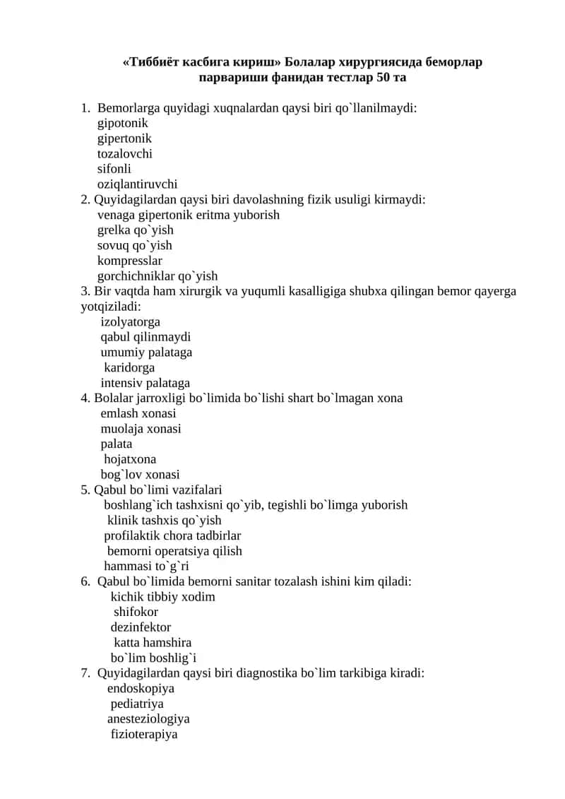 Bemorlarga quyidagi xuqnalardan qaysi biri qo`llanilmaydi 1