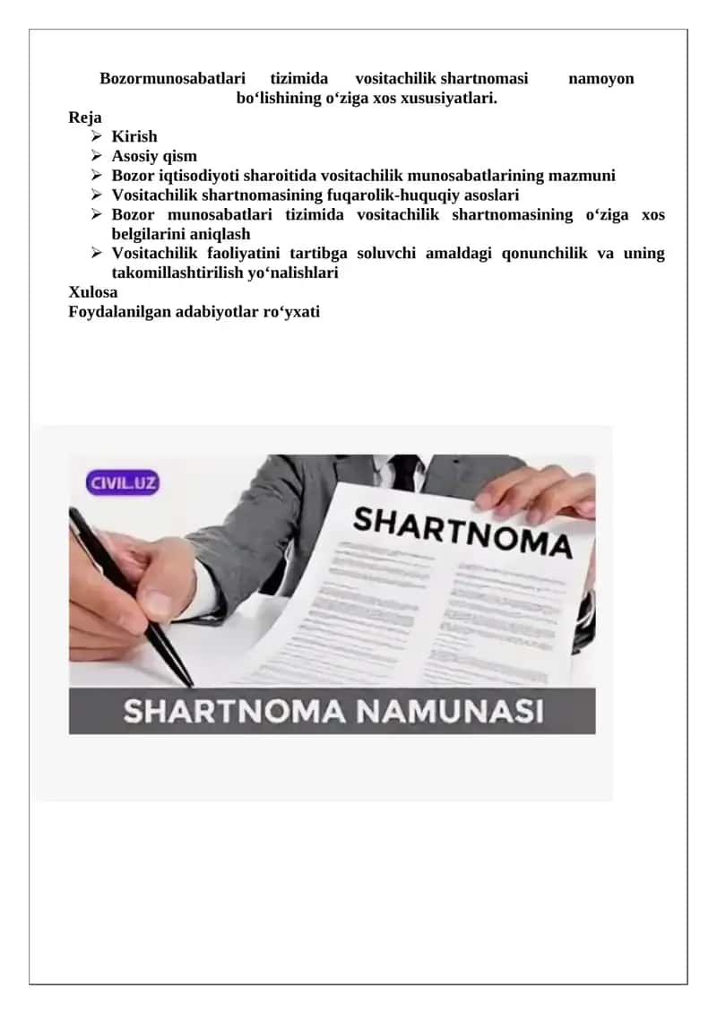 Bozor iqtisodiyoti sharoitida vositachilik shartnomasi 1