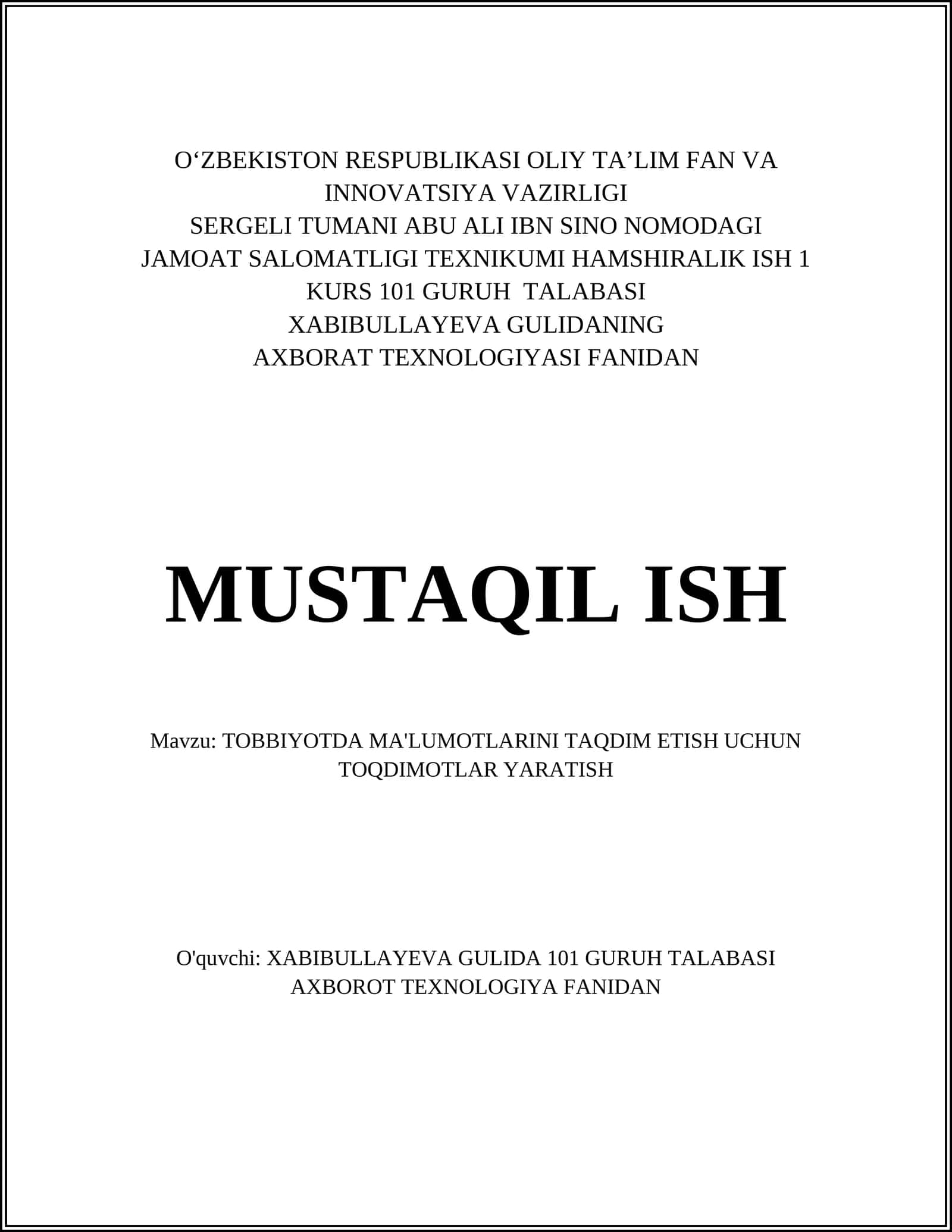 TOBBIYOTDA MA'LUMOTLARINI TAQDIM ETISH UCHUN TOQDIMOTLAR YARATISH 1