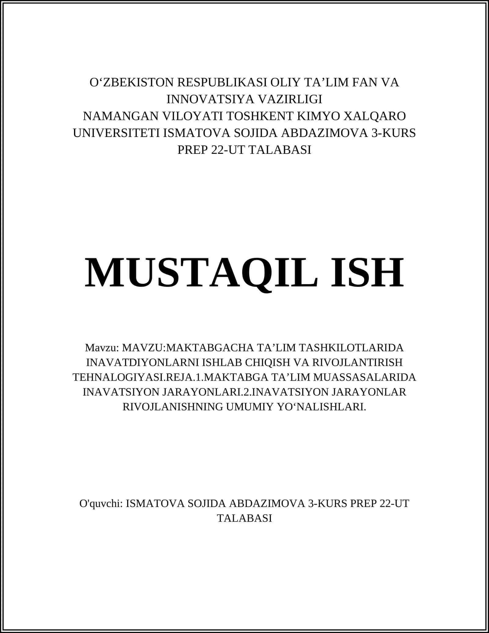 MAKTABGACHA TAʼLIM TASHKILOTLARIDA INAVATDIYONLARNI ISHLAB CHIQISH VA RIVOJLANTIRISH TEHNALOGIYASI 1