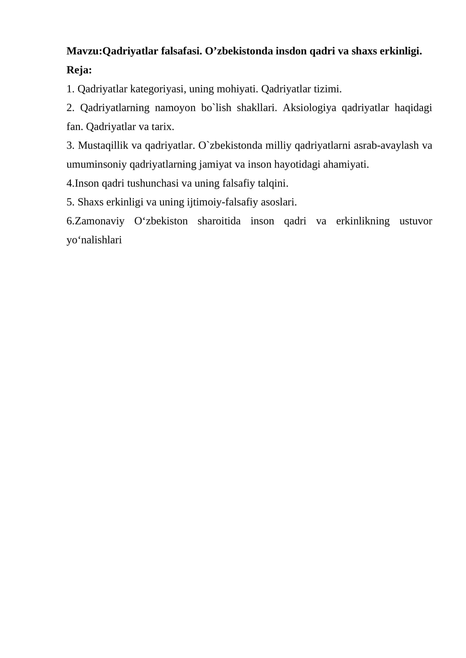 Qadriyatlar falsafasi. O’zbekistonda insdon qadri va shaxs erkinligi 1