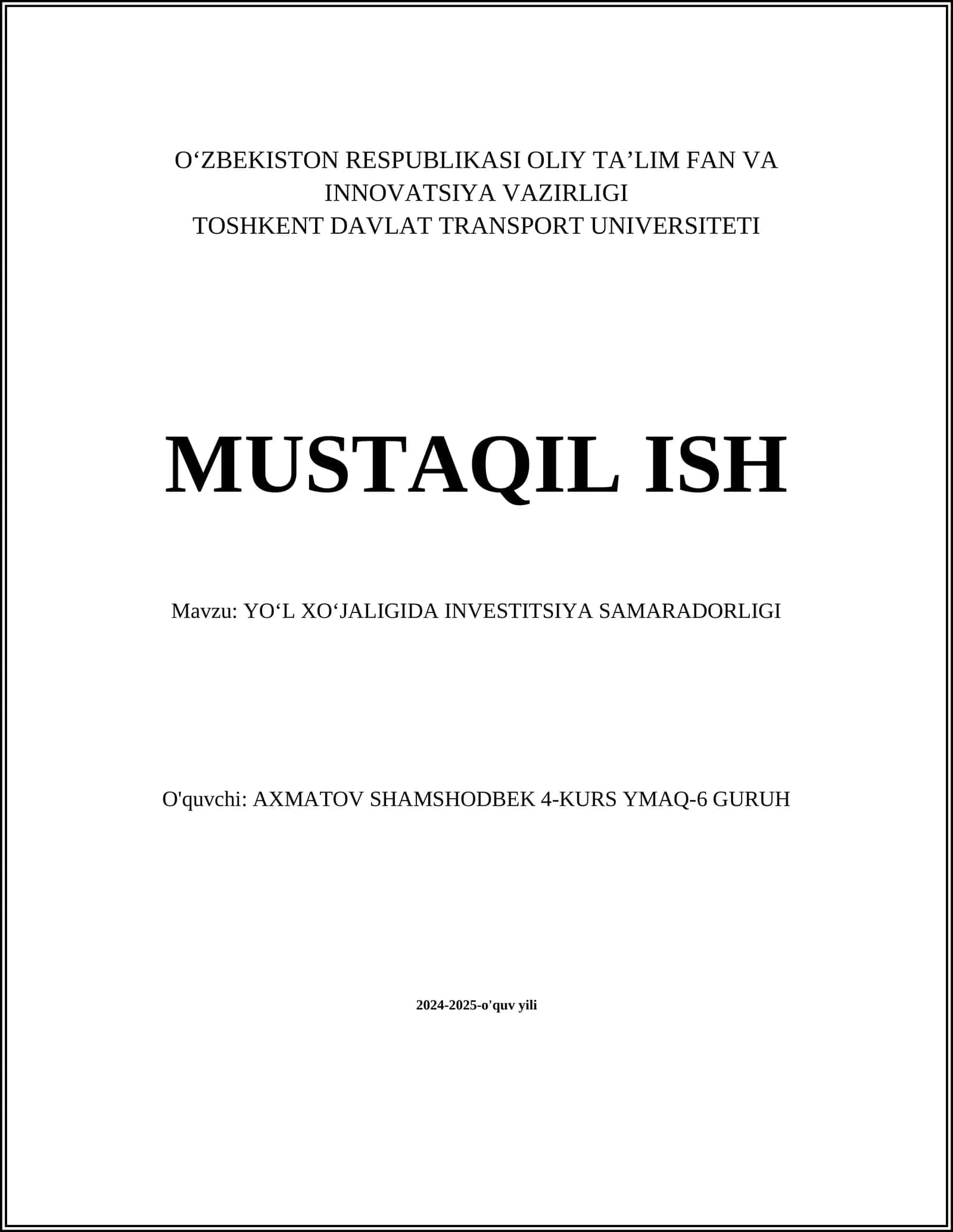 YOʻL XOʻJALIGIDA INVESTITSIYA SAMARADORLIGI 1