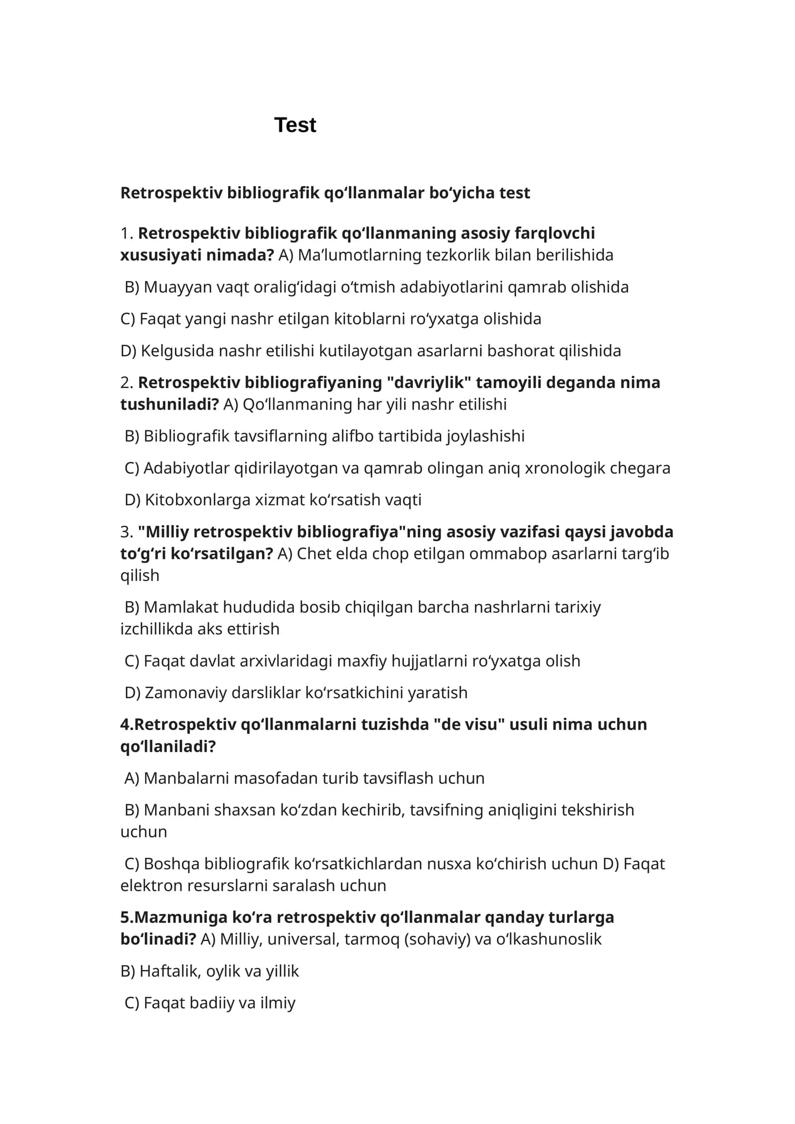 Retrospektiv bibliografik qo‘llanmalar bo‘yicha test 1