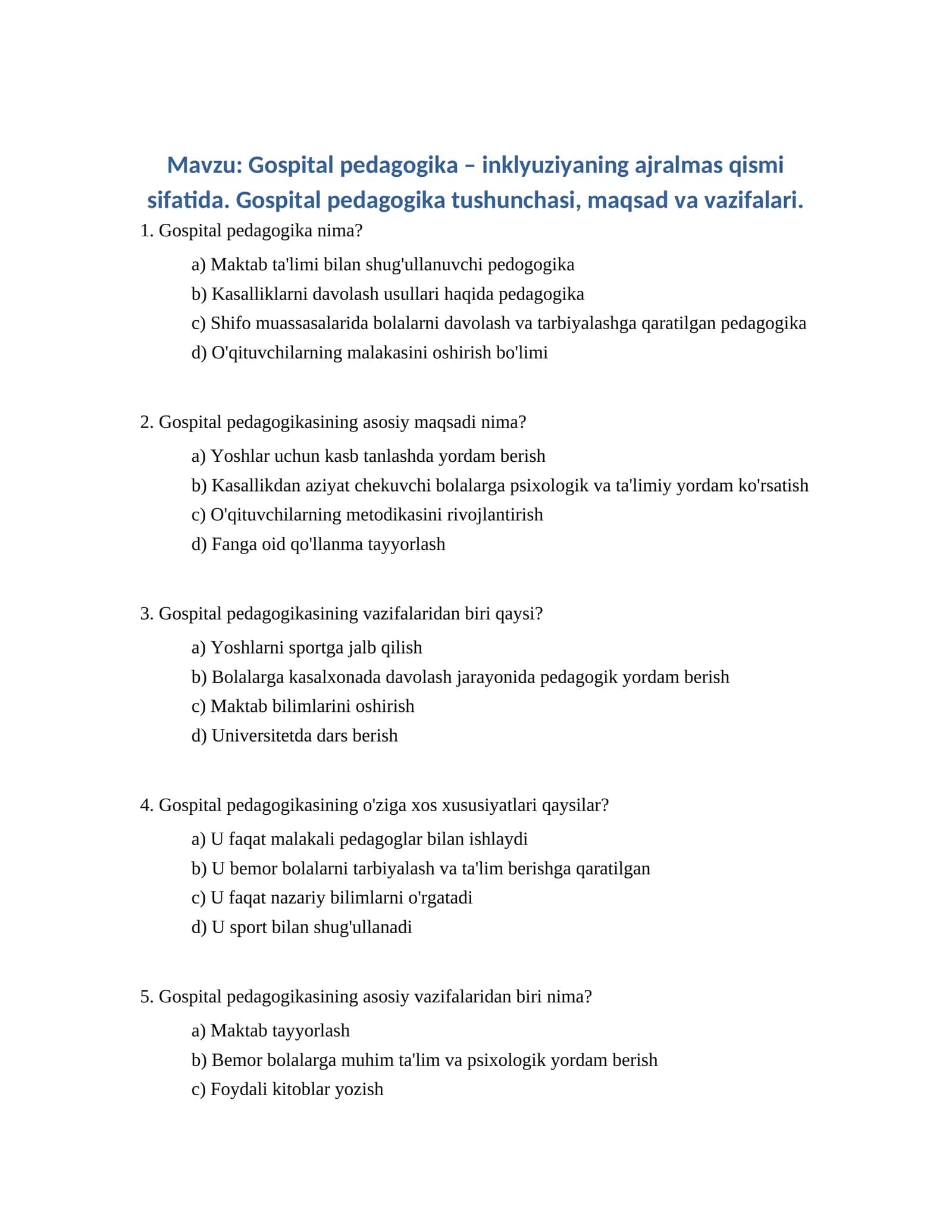 Gospital pedagogika tushunchasi, maqsad va vazifalari 1