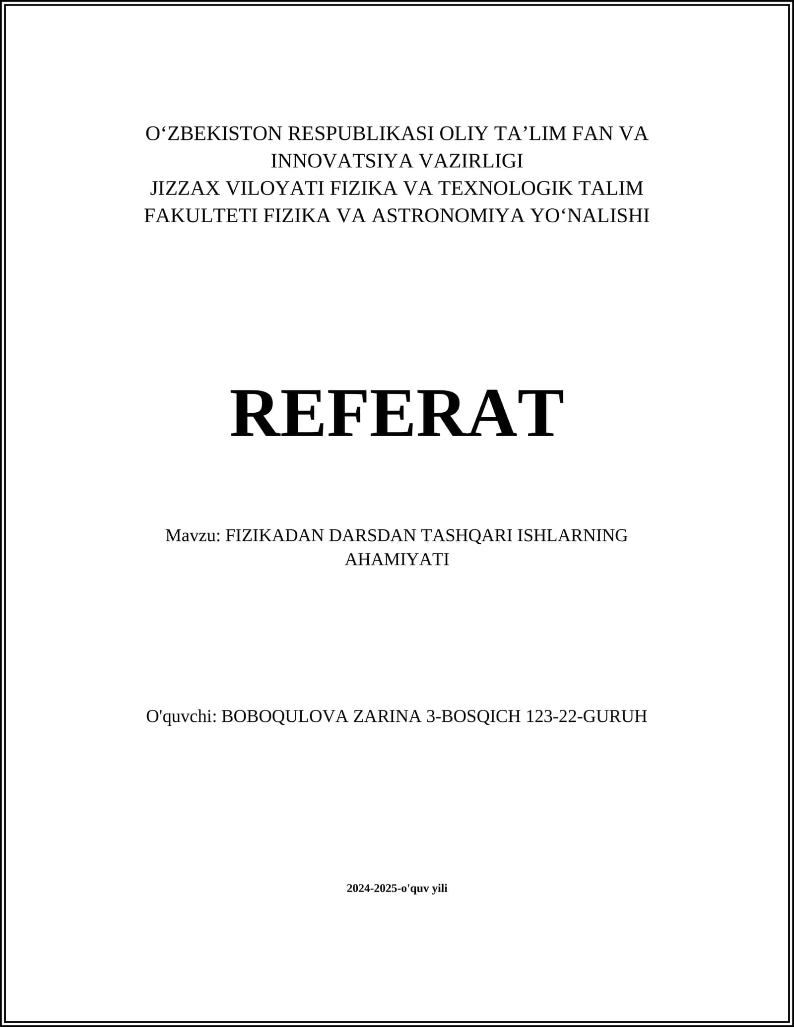 FIZIKADAN DARSDAN TASHQARI ISHLARNING AHAMIYATI 1