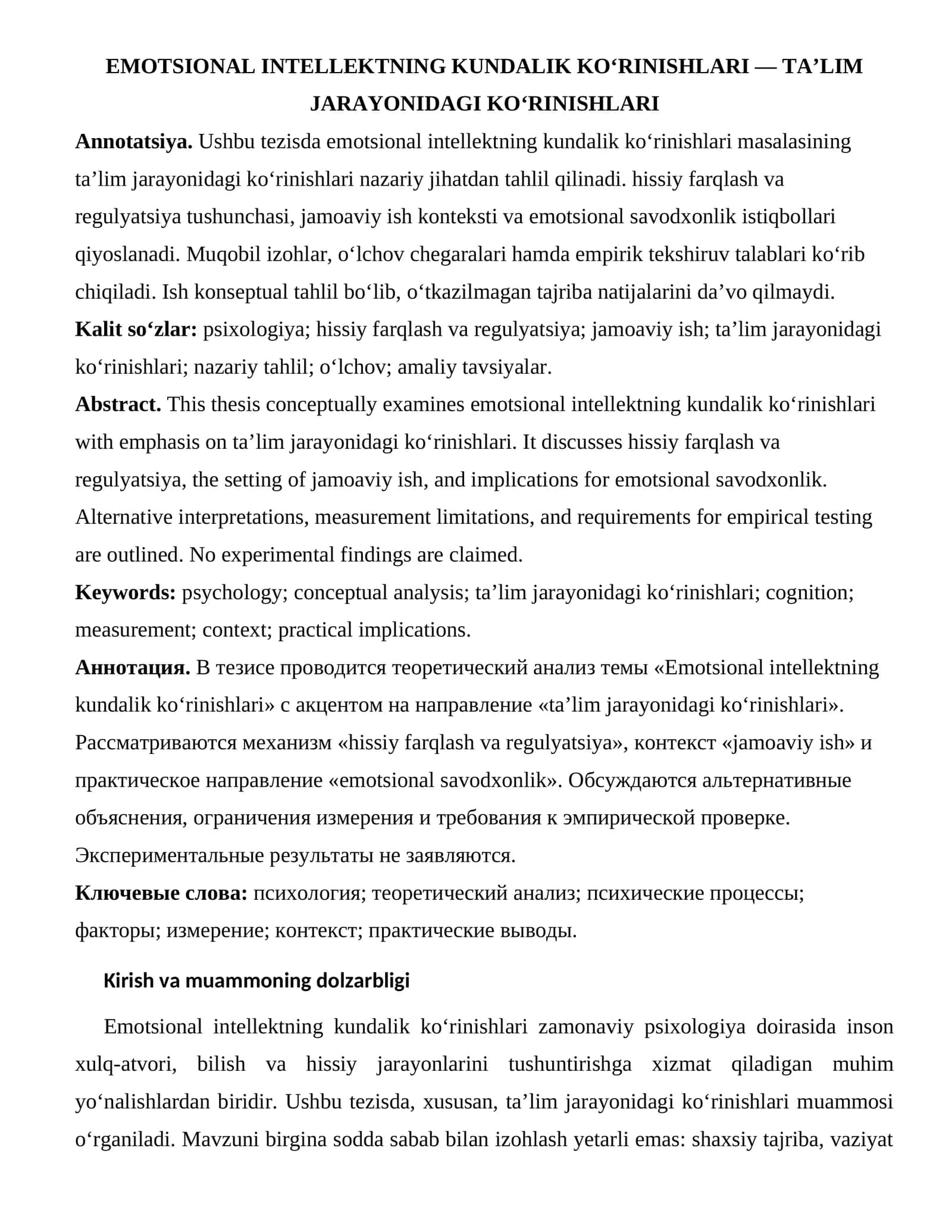 EMOTSIONAL INTELLEKTNING KUNDALIK KO‘RINISHLARI — TA’LIM JARAYONIDAGI KO‘RINISHLARI 1