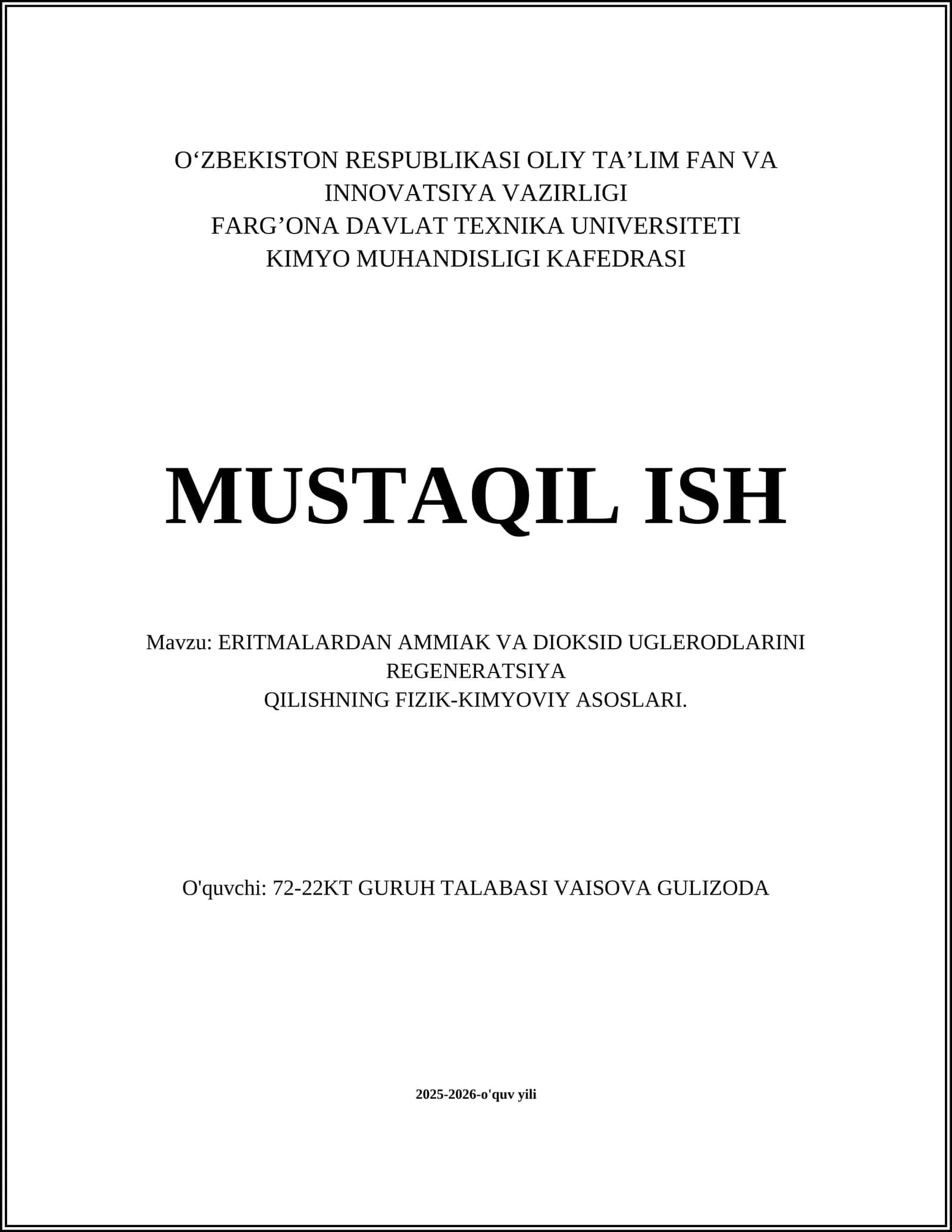 ERITMALARDAN AMMIAK VA DIOKSID UGLERODLARINI REGENERATSIYA QILISHNING FIZIK-KIMYOVIY ASOSLARI 1