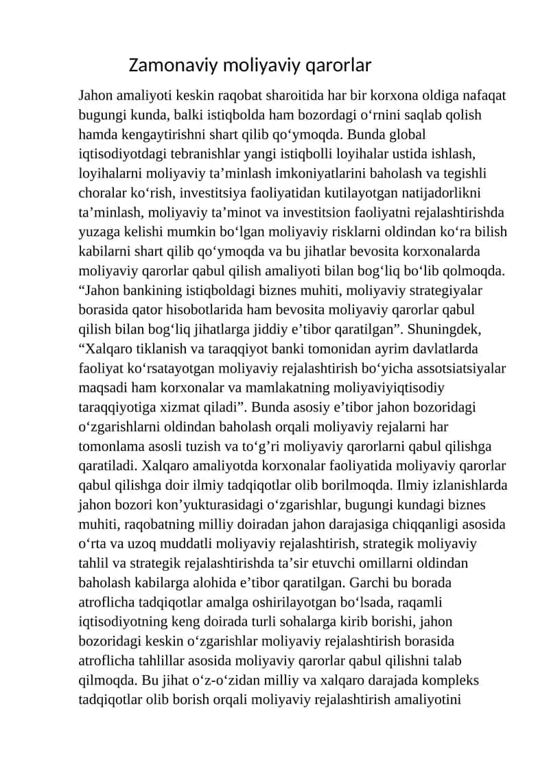 Jahon amaliyoti keskin raqobat sharoitida har bir korxona oldiga nafaqat bugungi kunda, balki istiqbolda ham bozordagi o'rnini saqlab qolish hamda kengaytirishni shart qilib qo'ymoqda 1
