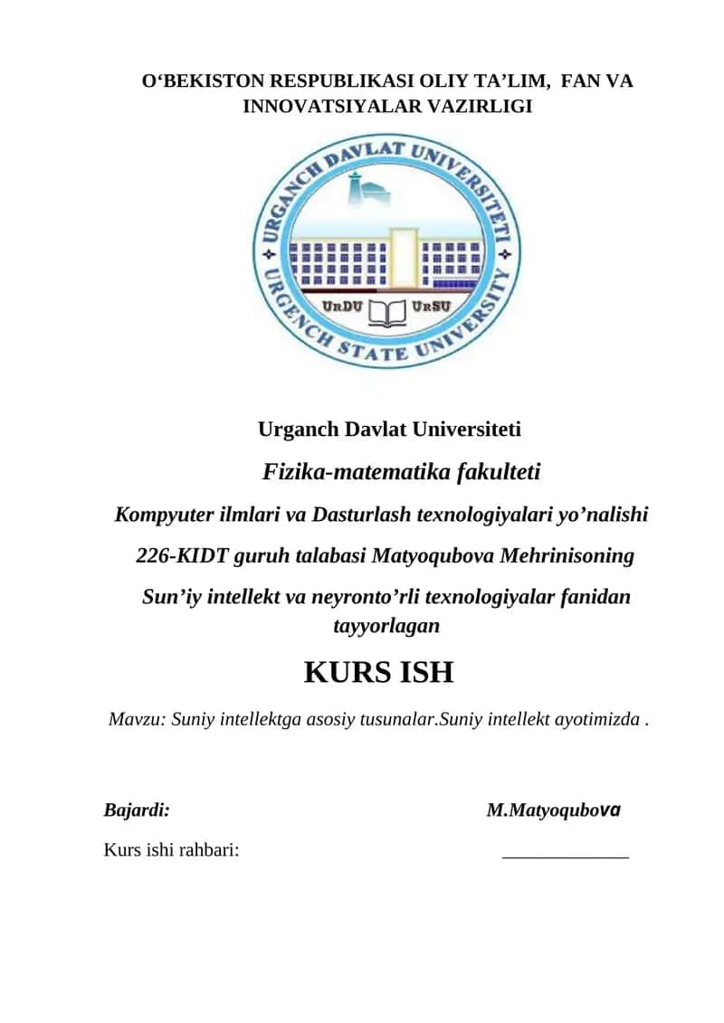 Suniy intellektga asosiy tusunalar.Suniy intellekt ayotimizda. 1