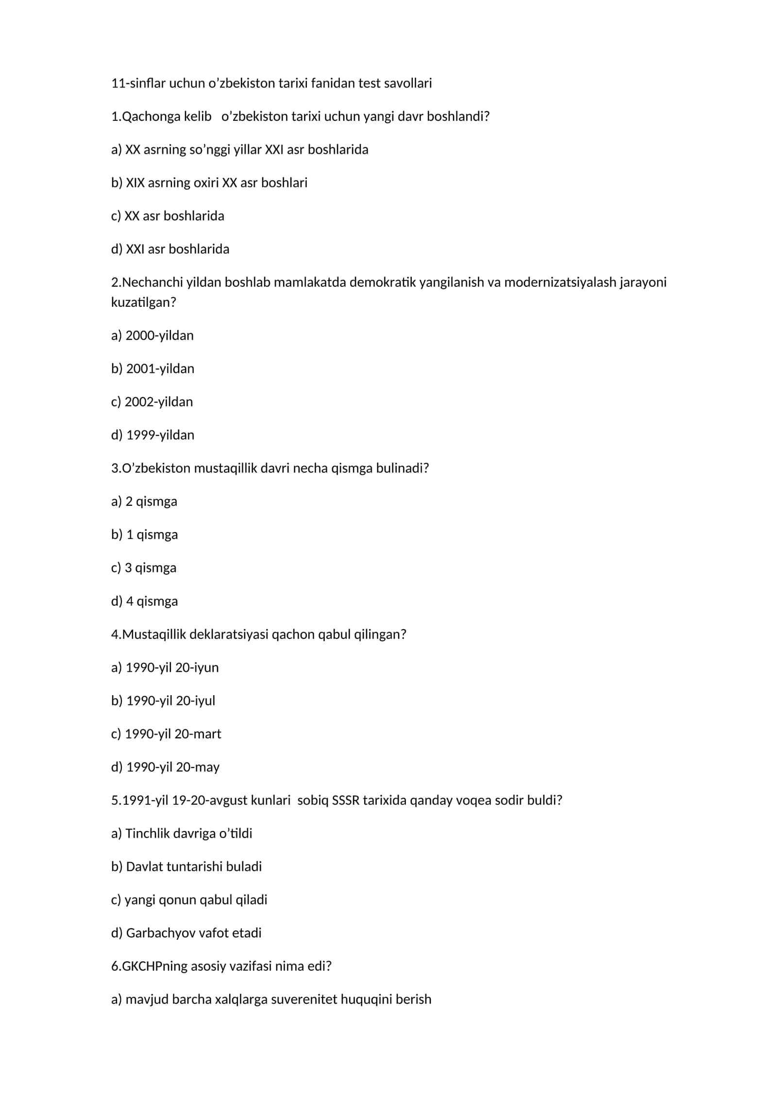 11-sinflar uchun o’zbekiston tarixi fanidan test savollari 1