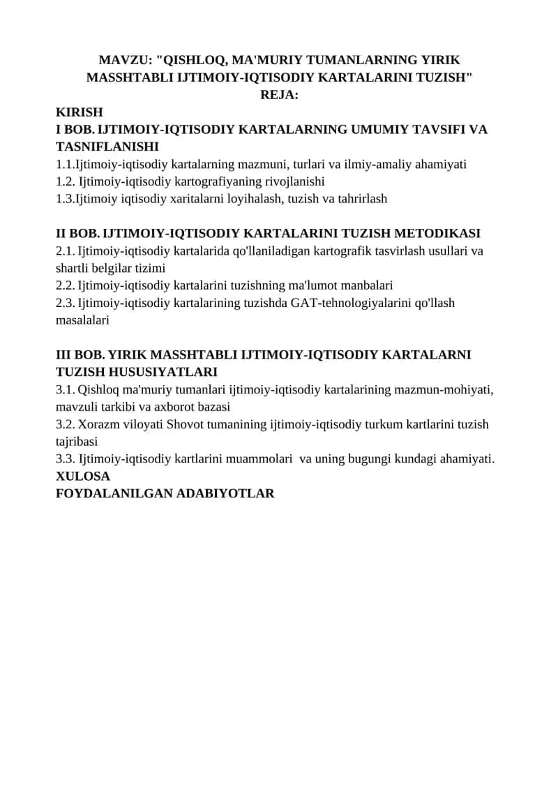 Qishloq, ma'muriy tumanlarning yirik masshtabli ijtimoiy-iqtisodiy kartalarini tuzish 1