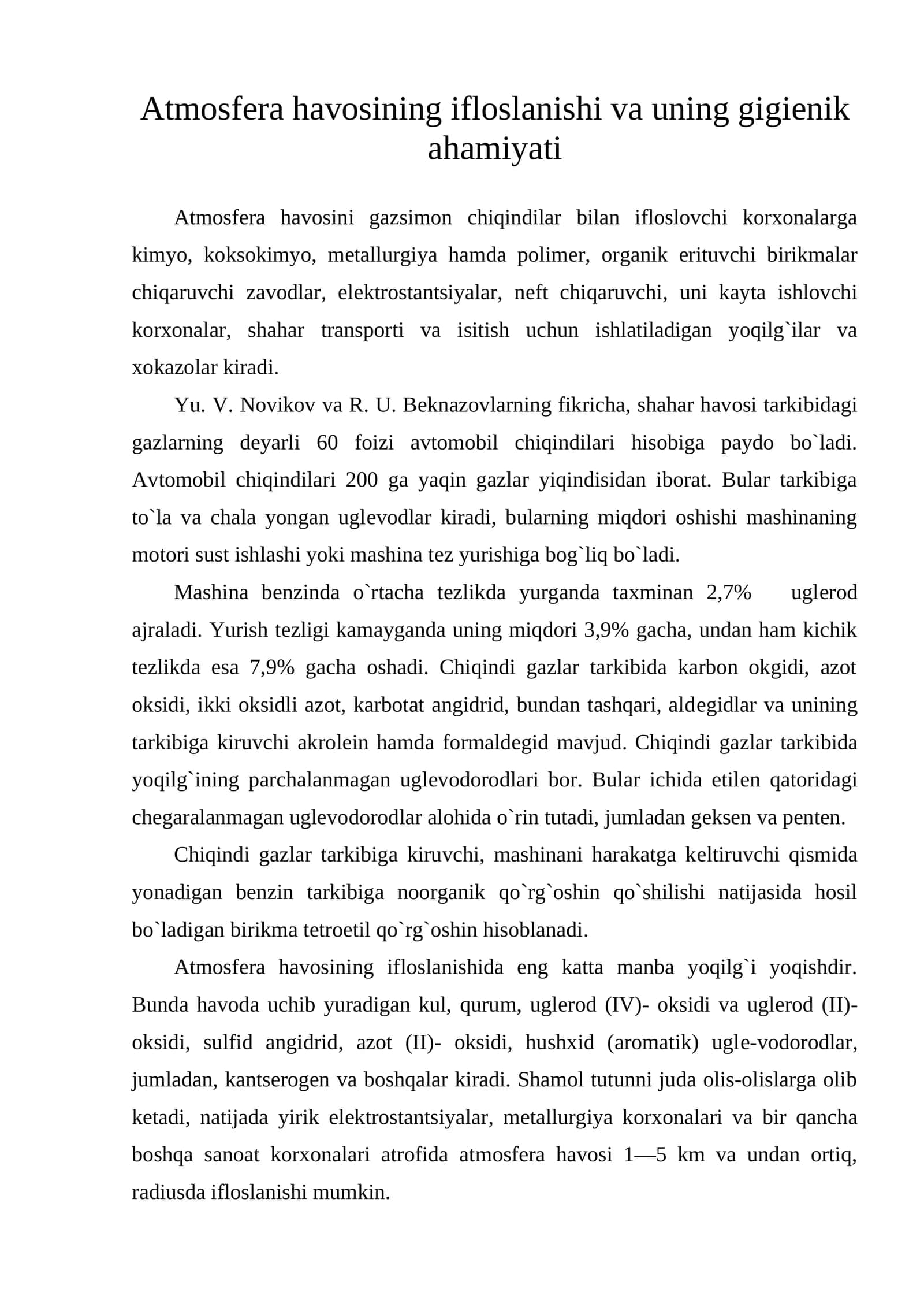 Atmosfеra havosining ifloslanishi va uning gigiеnik ahamiyati 1
