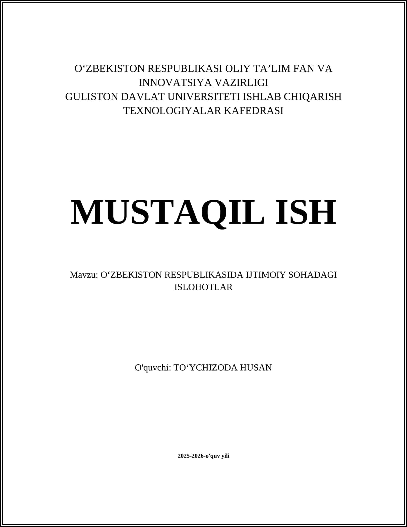 O‘ZBEKISTON RESPUBLIKASIDA IJTIMOIY SOHADAGI ISLOHOTLAR 1