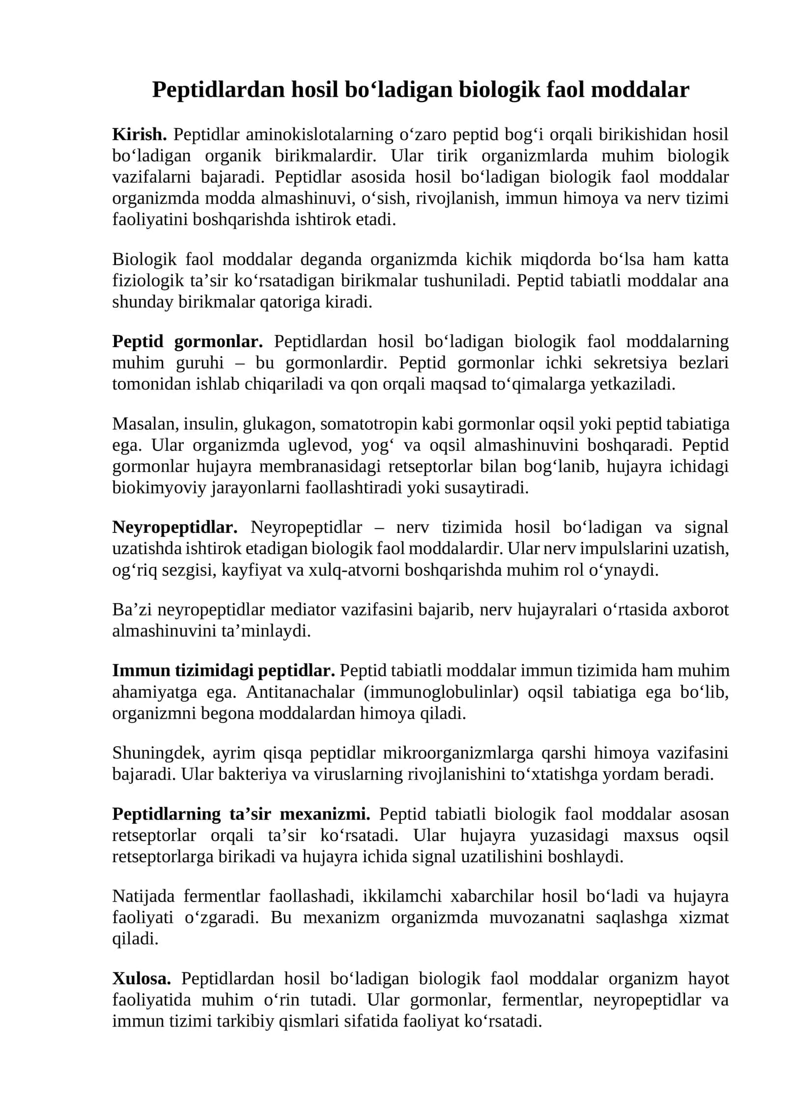 Peptidlardan hosil bo‘ladigan biologik faol moddalar 1