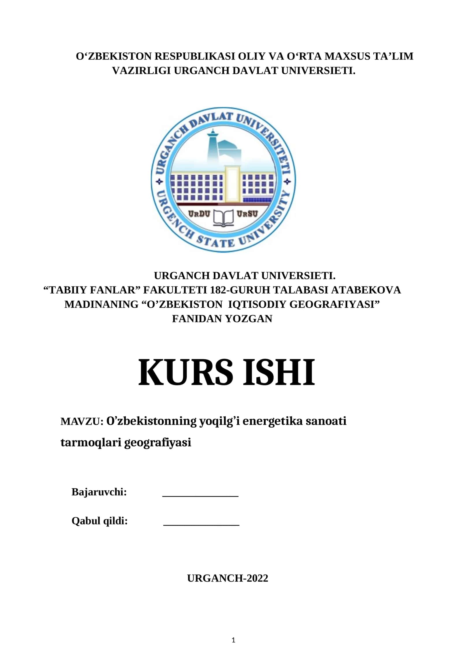 O’zbekistonning yoqilg’i energetika sanoati tarmoqlari geografiyasi 1