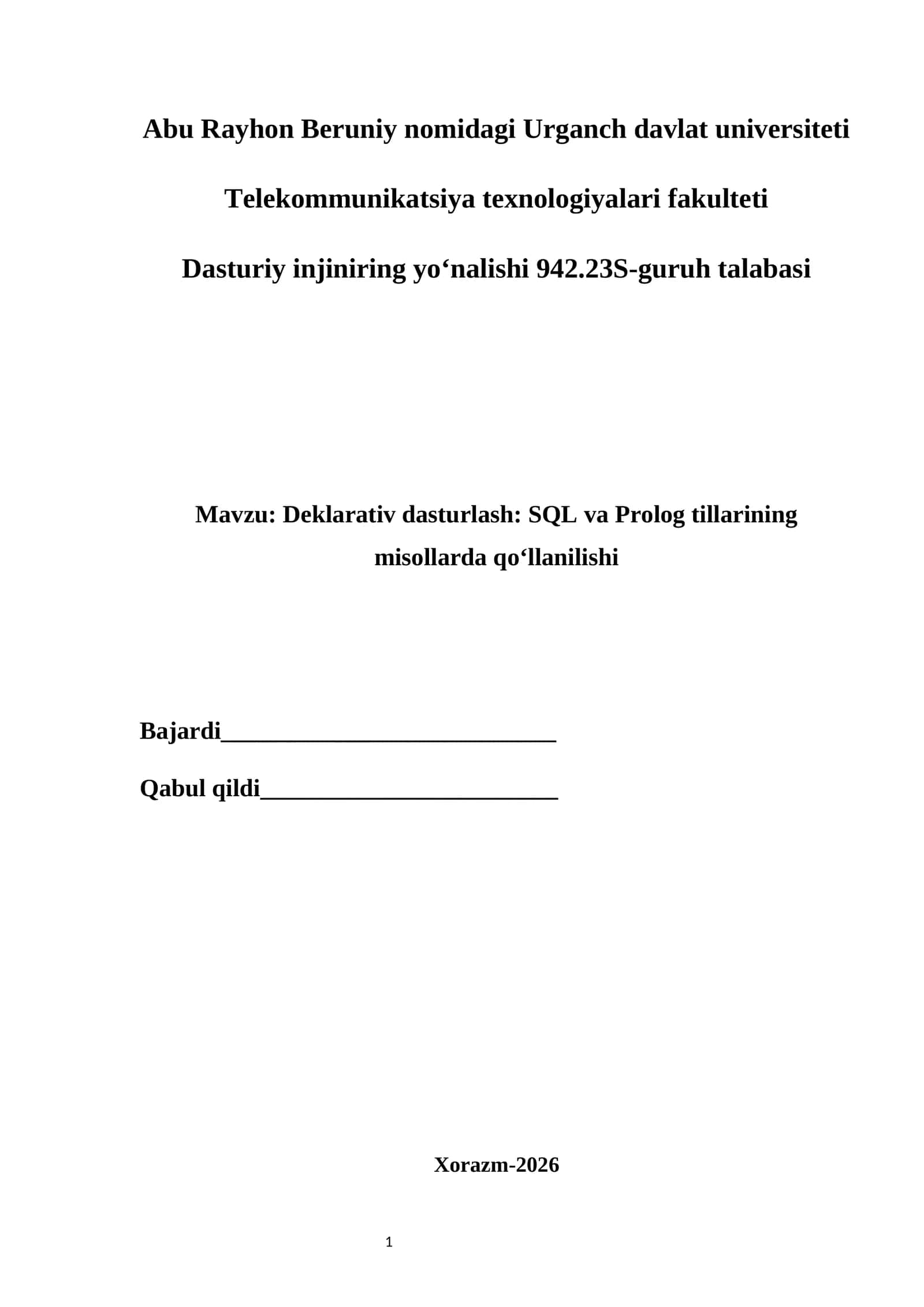Deklarativ dasturlash: SQL va Prolog tillarining misollarda qo‘llanilishi 1