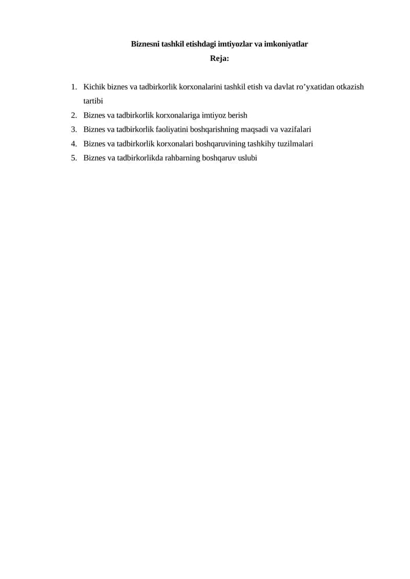 Kichik biznes va tadbirkorlik korxonalarini tashkil etish va davlat ro’yxatidan otkazish tartibi 1