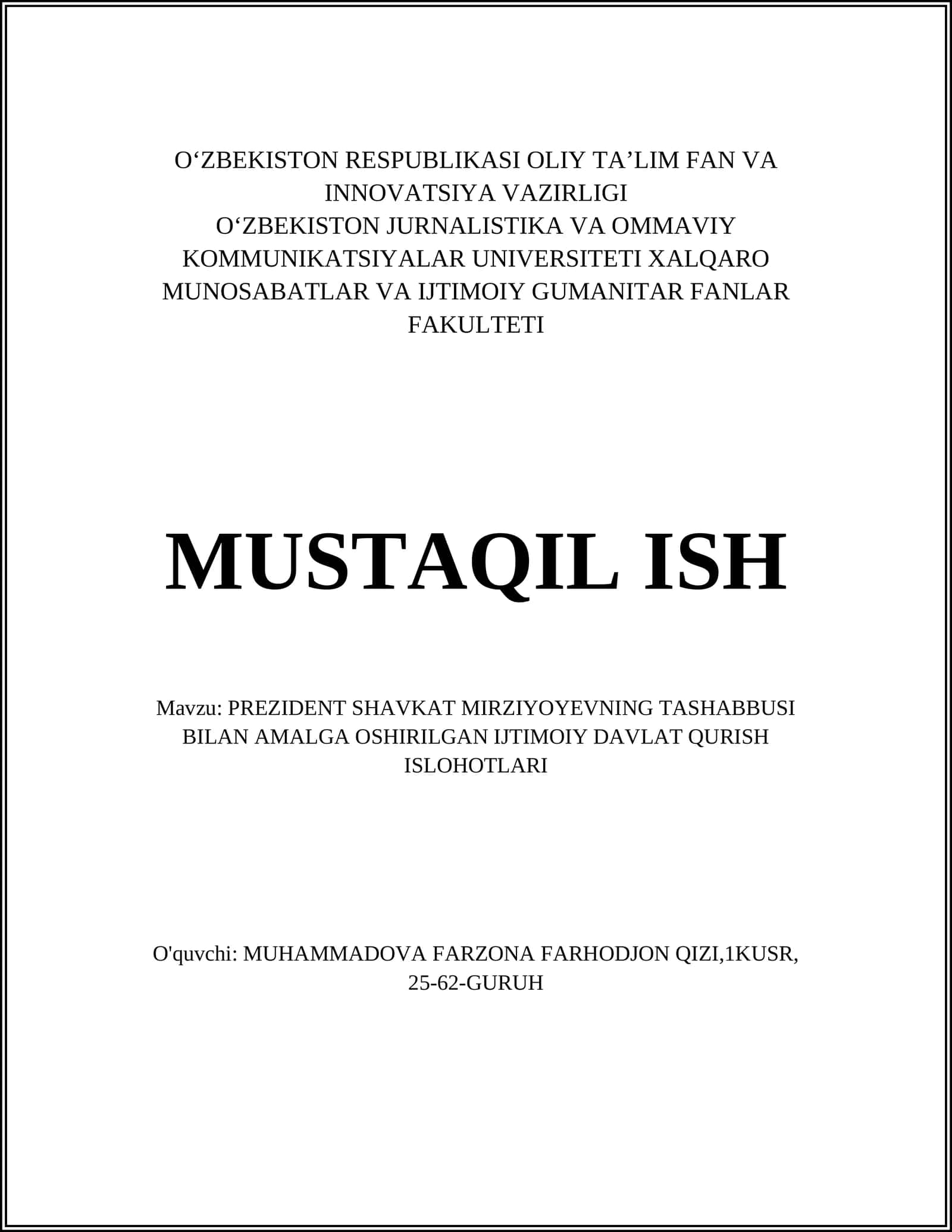 PREZIDENT SHAVKAT MIRZIYOYEVNING TASHABBUSI BILAN AMALGA OSHIRILGAN IJTIMOIY DAVLAT QURISH ISLOHOTLARI 1