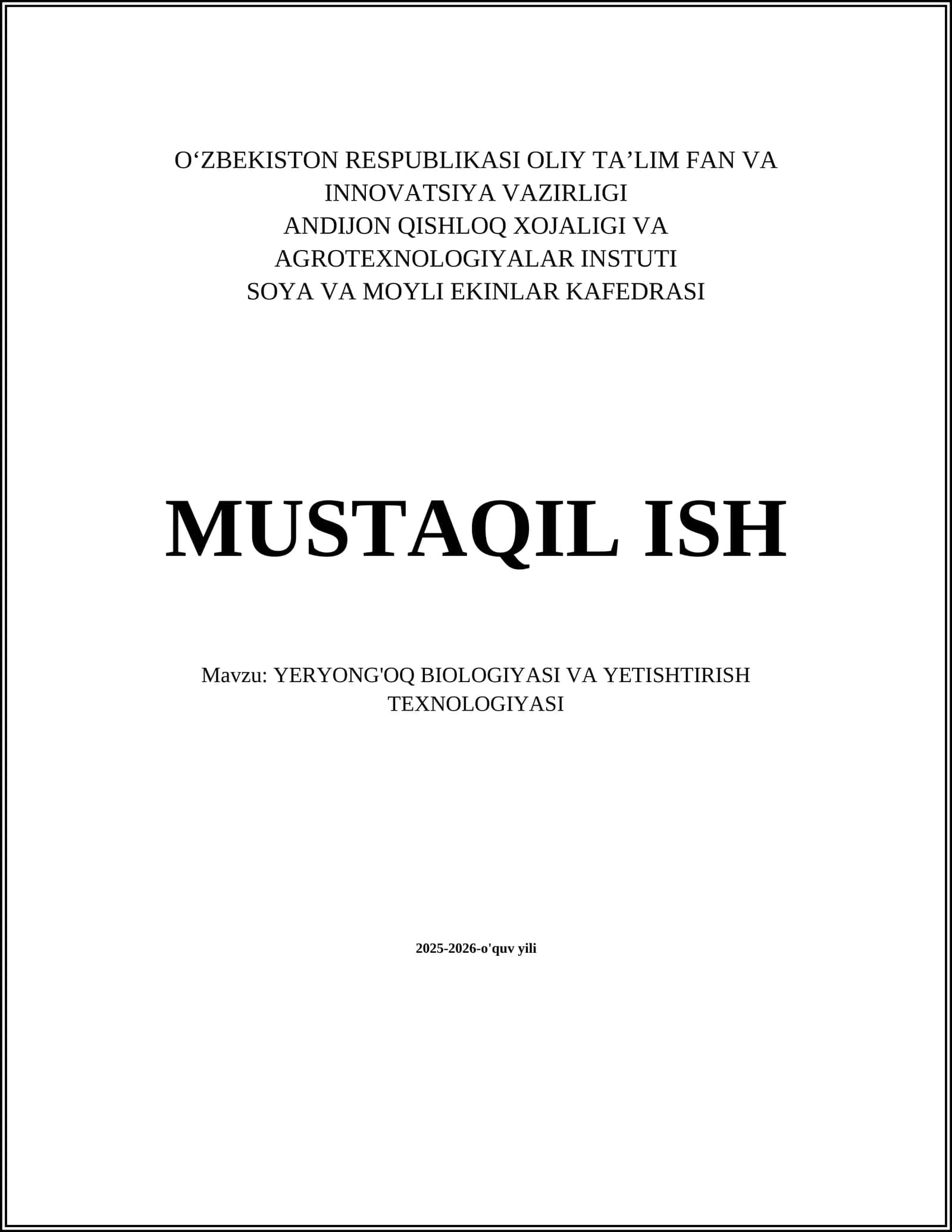 YERYONG'OQ BIOLOGIYASI VA YETISHTIRISH TEXNOLOGIYASI 1