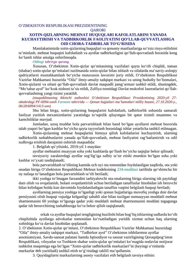 XOTIN-QIZLARNING MEHNAT HUQUQLARI KAFOLATLARINI YANADA KUCHAYTIRISH VA TADBIRKORLIK FAOLIYATINI QO‘LLAB-QUVVATLASHGA OID CHORA-TADBIRLAR TO‘G‘RISIDA 1